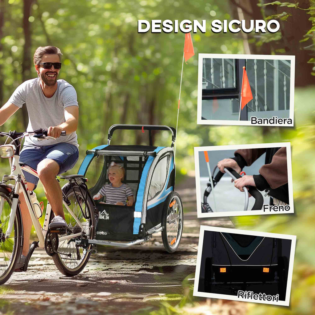 2-in-1 Kids Bike Trailer and Stroller with Belt, Pockets and Flag, Blue