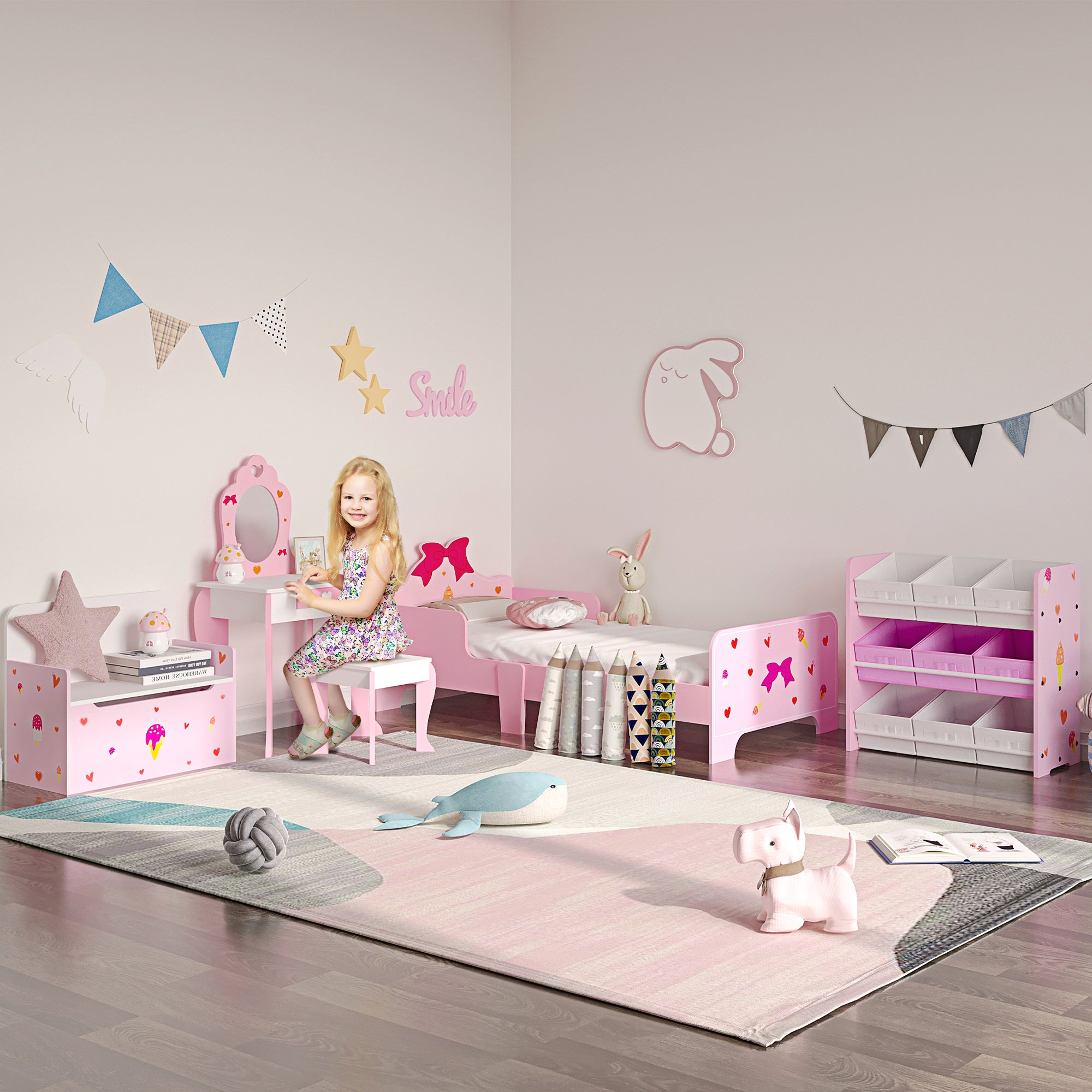 Toy Cabinet with 9 Removable Baskets in Wood and Fabric, 63x30x60 cm, Pink and White