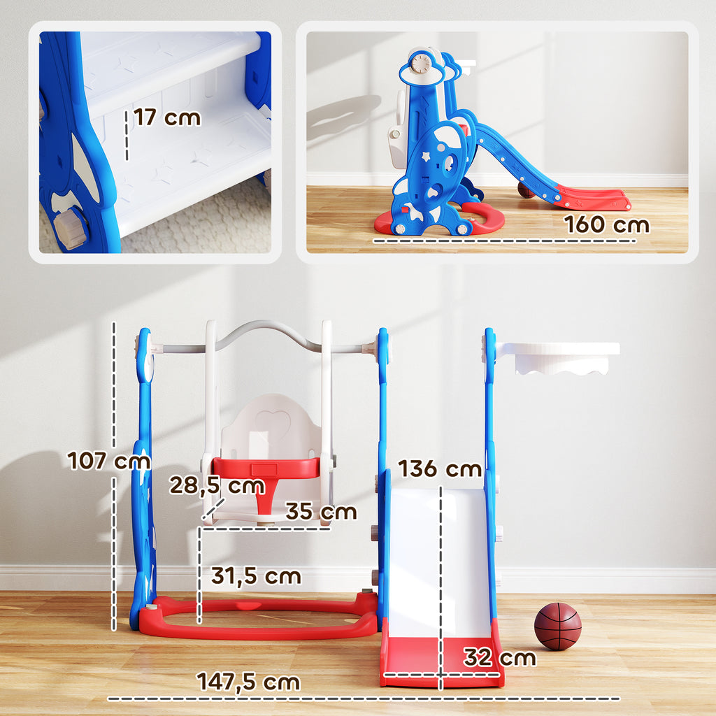 AIYAPLAY 4-in-1 Baby Slide with Swing, Climbing Ladder and Basketball Hoop, 18-48 Months, Dark Blue