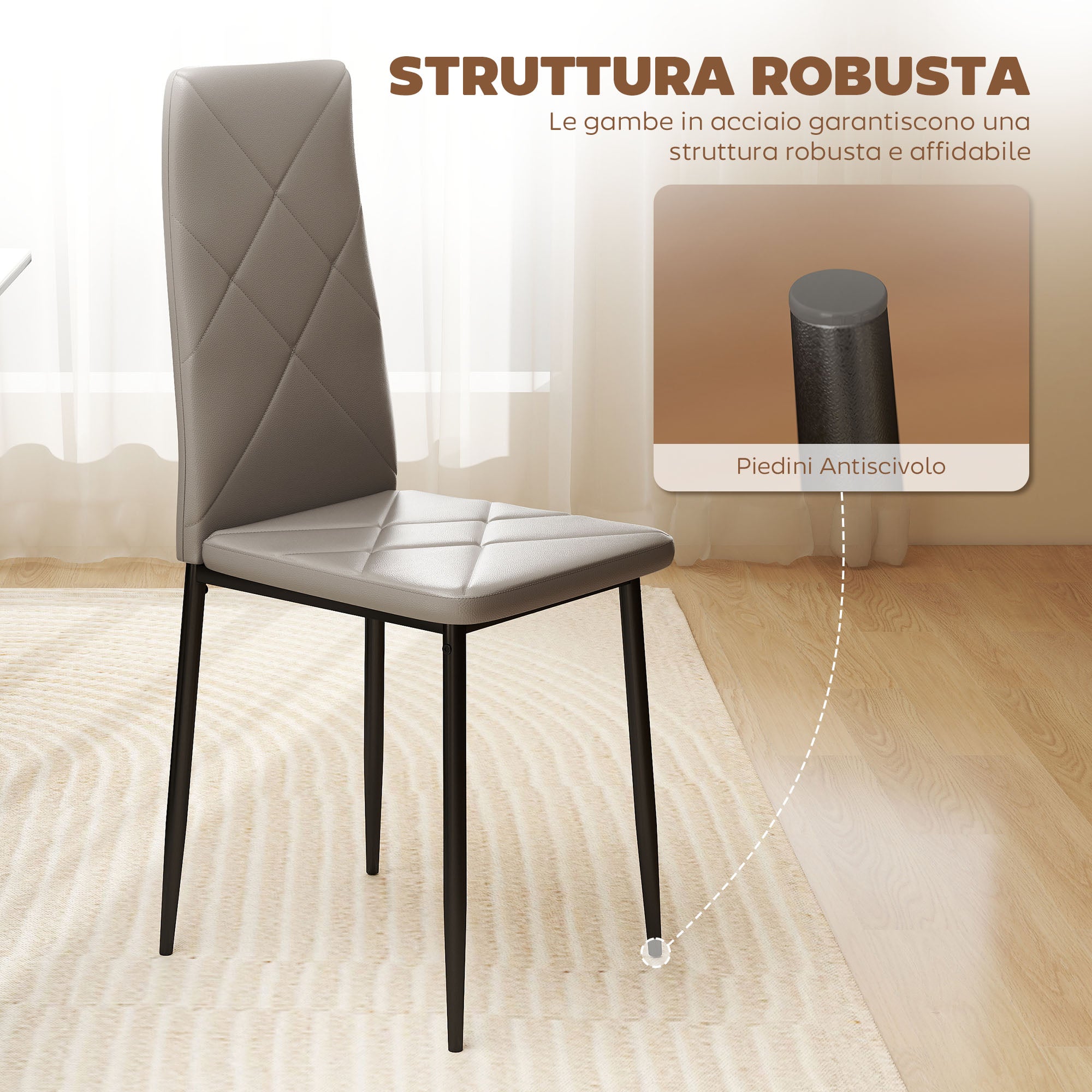 Set of 6 Modern High-Back Dining Chairs in Faux Leather and Steel, 41x50x97 cm, Grey