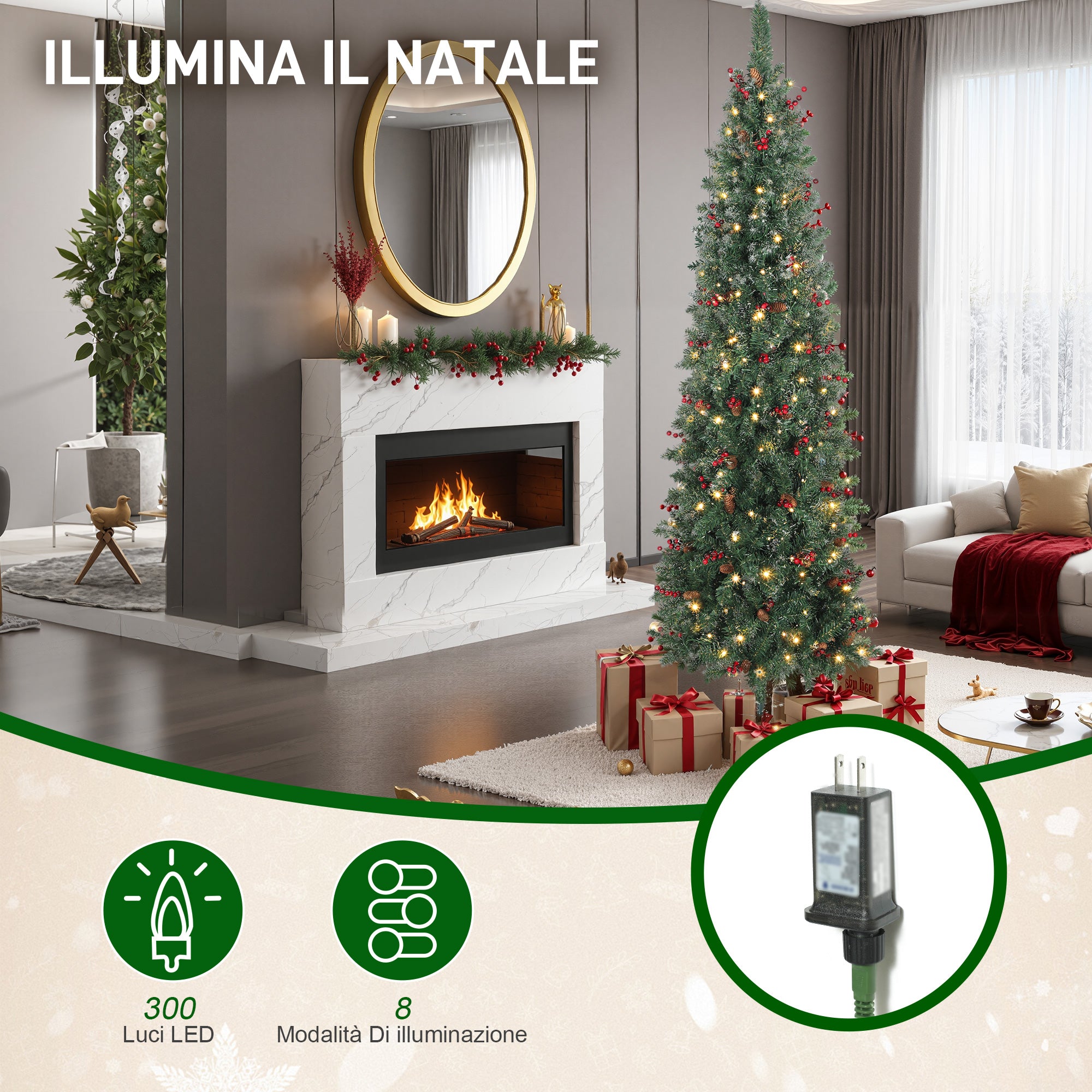 Illuminated Christmas Tree with 300 LED Lights, 55 Pine Cones and 55 Berry Bunches, Ø75x210 cm, Green and Silver