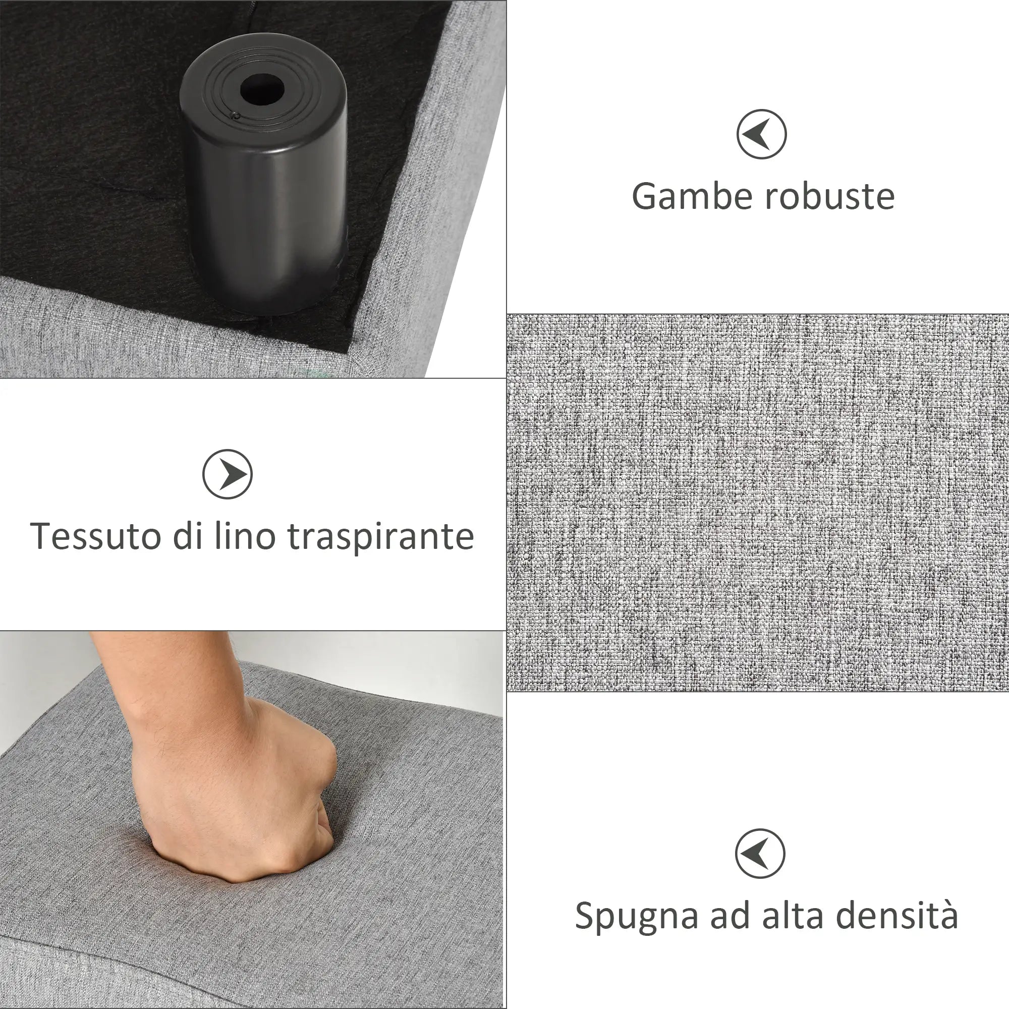 Pouf Footstool in Linen Effect Fabric Padded, 40x30x24cm, Grey