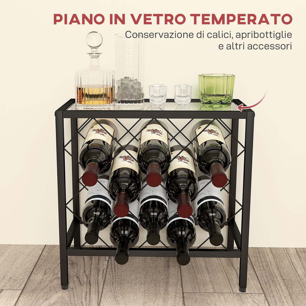 Wine Bottle Rack for 10 Bottles in Black Steel with Tempered Glass Shelf, 41x22x41 cm