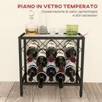 Wine Bottle Rack for 10 Bottles in Black Steel with Tempered Glass Shelf, 41x22x41 cm