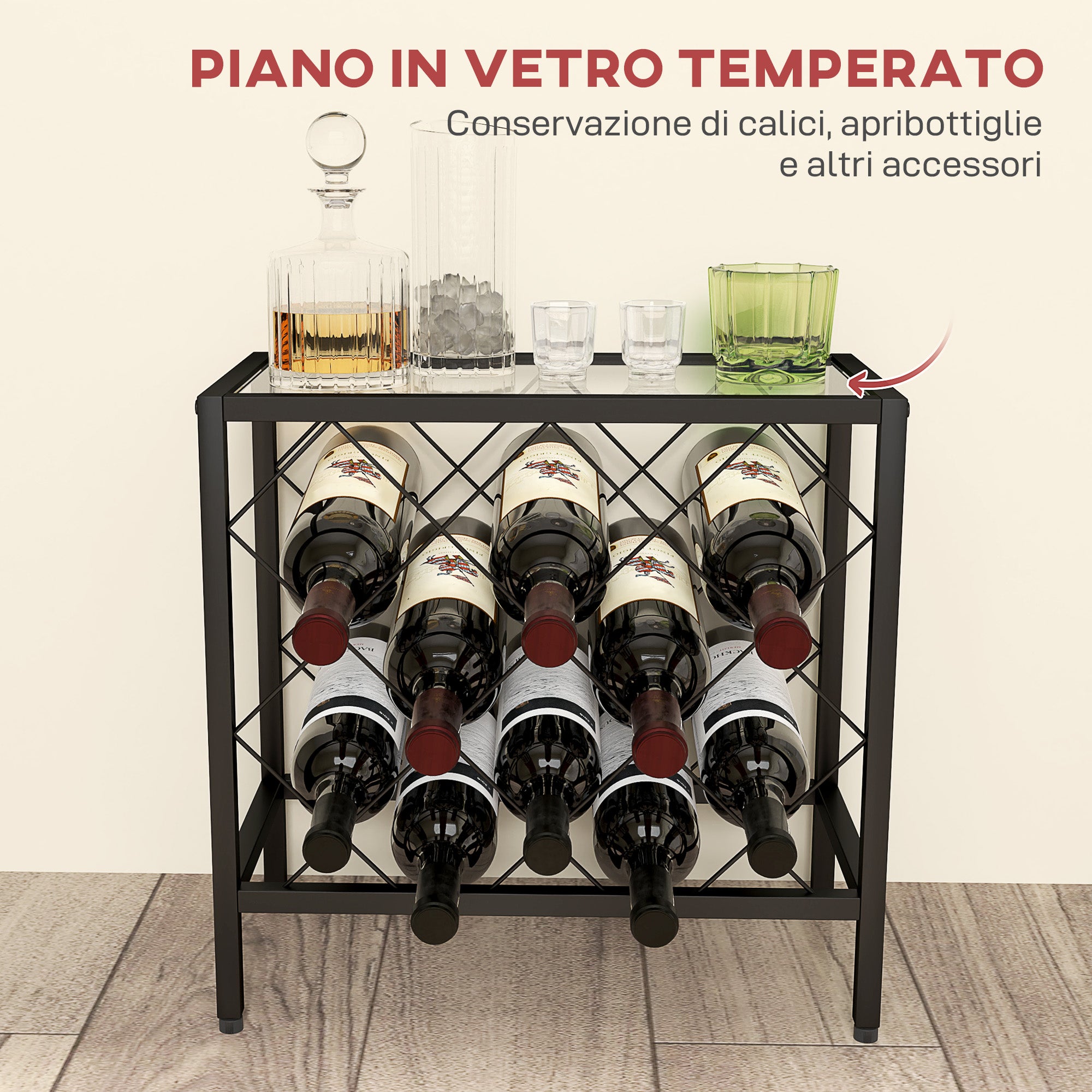 Wine Bottle Rack for 10 Bottles in Black Steel with Tempered Glass Shelf, 41x22x41 cm