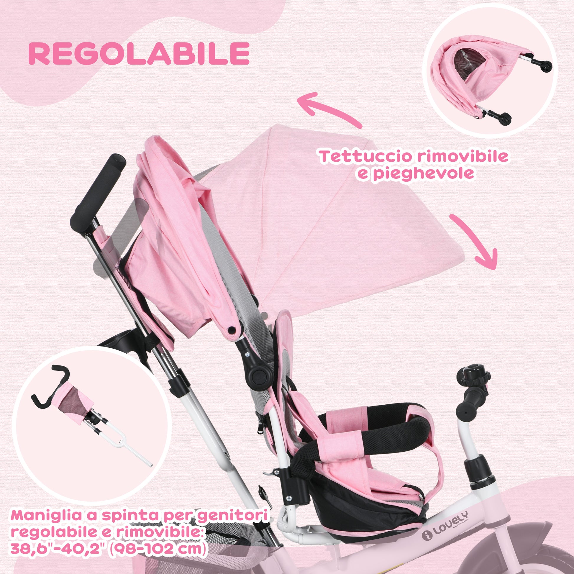 HOMCOM Tricycle for Children 1-5 Years with Handle and Adjustable Canopy, 102x49x102 cm, White and Pink - Borgè