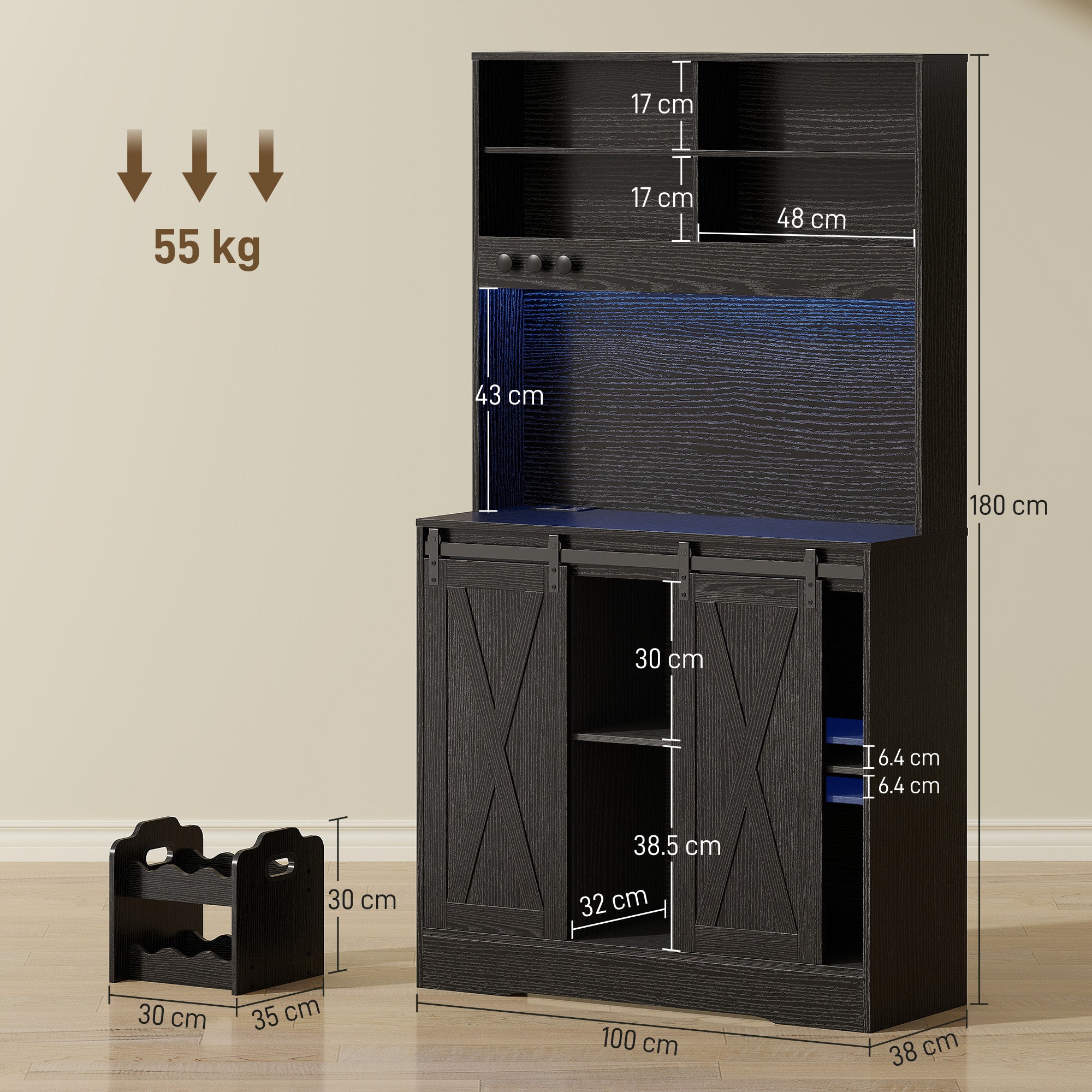 Rustic Tall Kitchen Sideboard with 2 Cabinets, Bottle Rack, Charging Sockets and LED Lights, Black