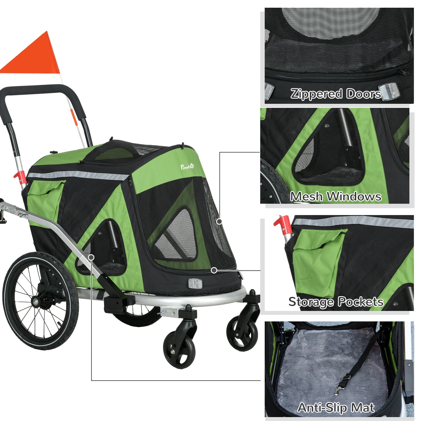 PAWHUT Bike trailer and dog stroller 2 in 1 folding with cathi -fifths and flags, greenery - Borgè