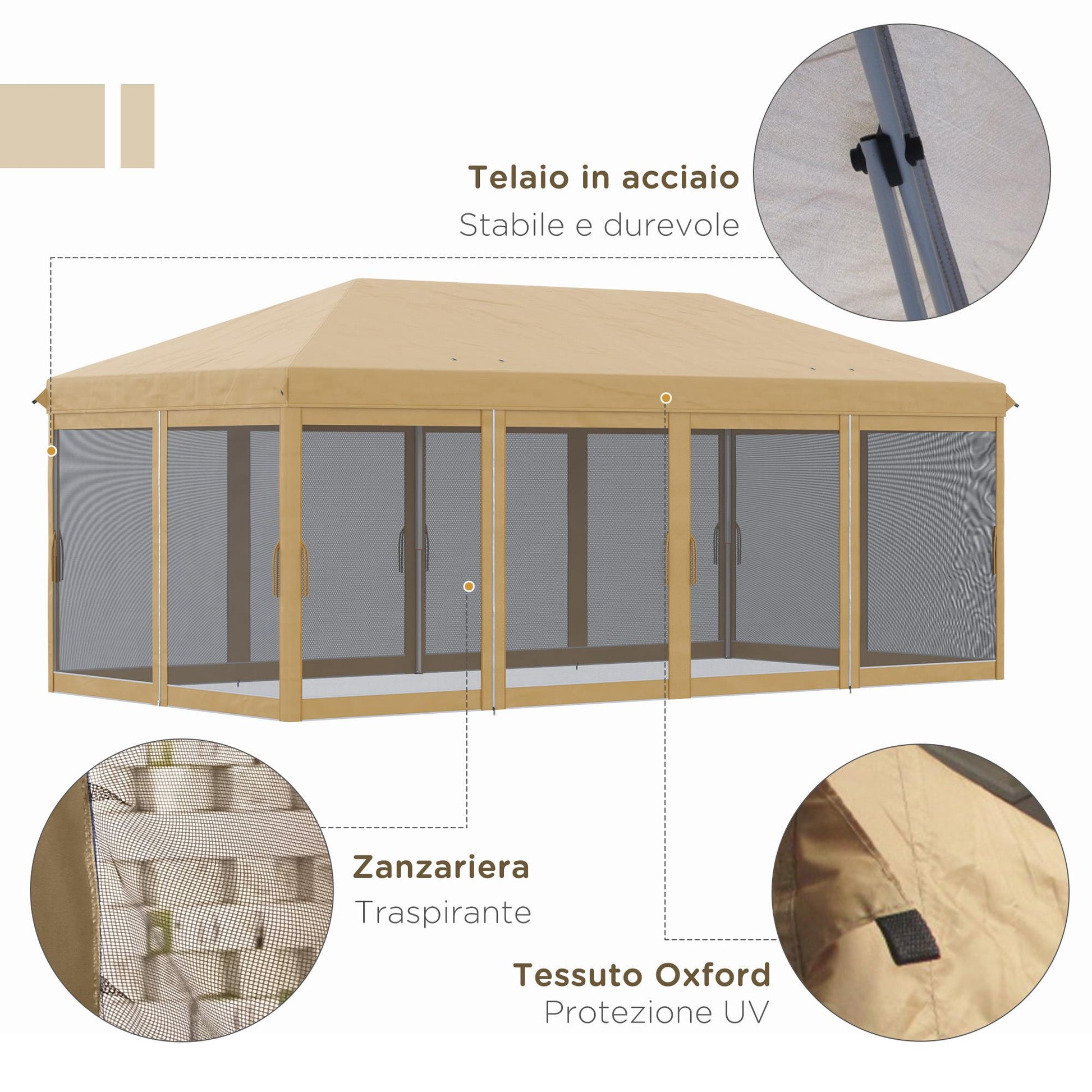 Folding Garden Gazebo 6x3m with Mosquito Net, Adjustable Height and Transport Bag, Beige - Borgè