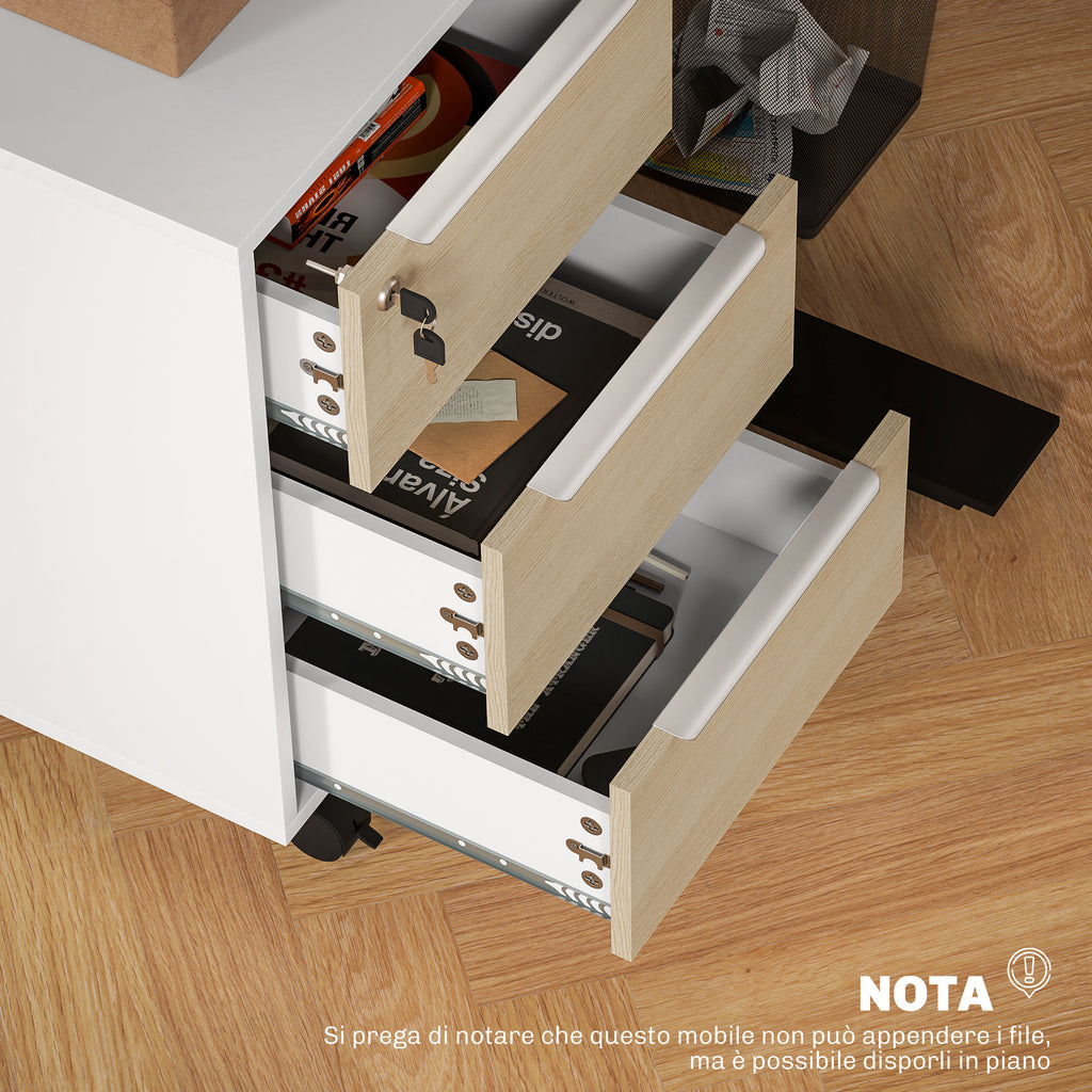 Office Filing Cabinet with 3 Drawers, 4 Wheels, Office Drawer Unit with Lock and 2 Keys, White and Oak
