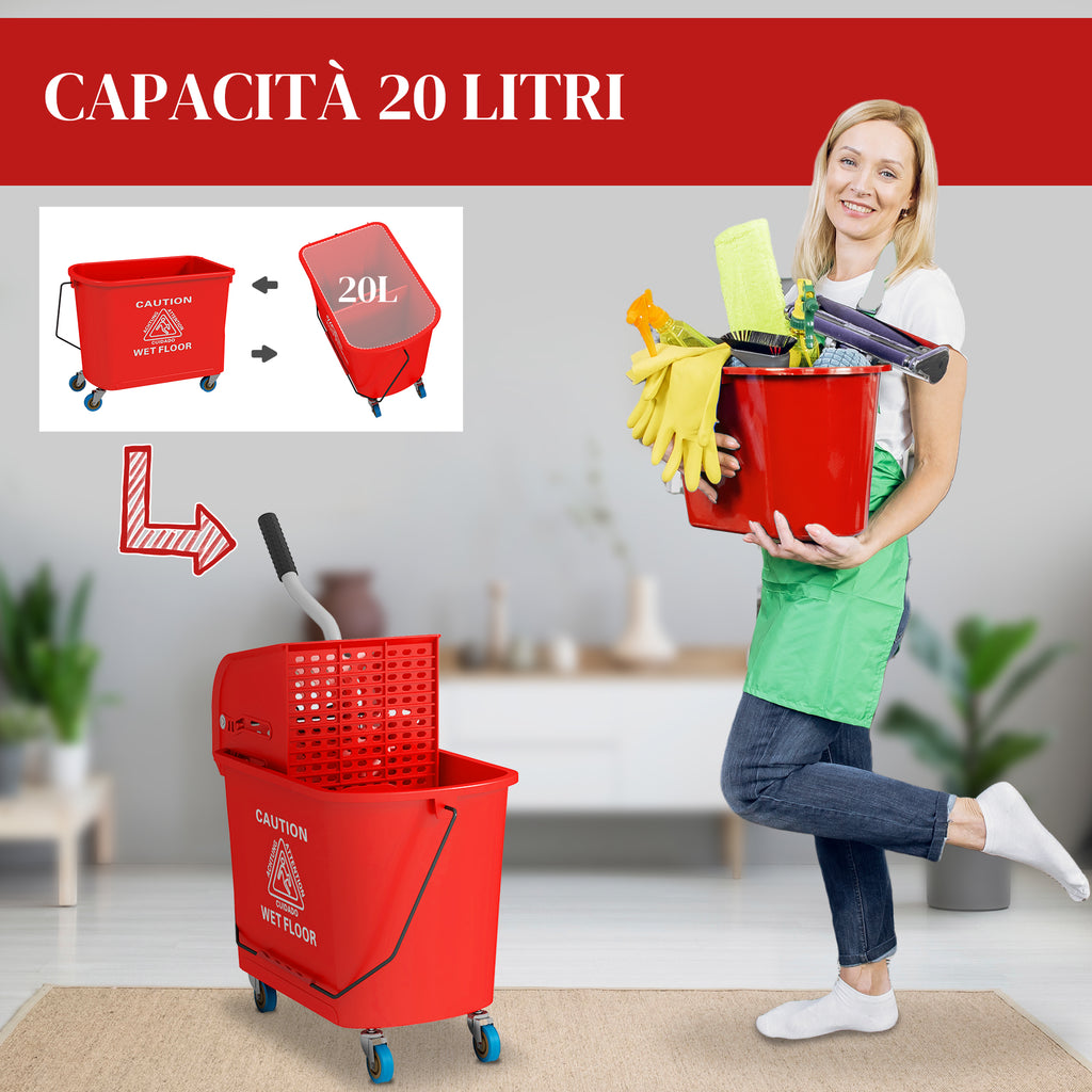 HOMCOM Cleaning Trolley Floor Mop with Wringer 60x27x70.5cm Red