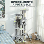 Cat Tree with 2 Cat Houses, Ramp, Perches and 4 Balls, 48x40x165 cm, Grey and White