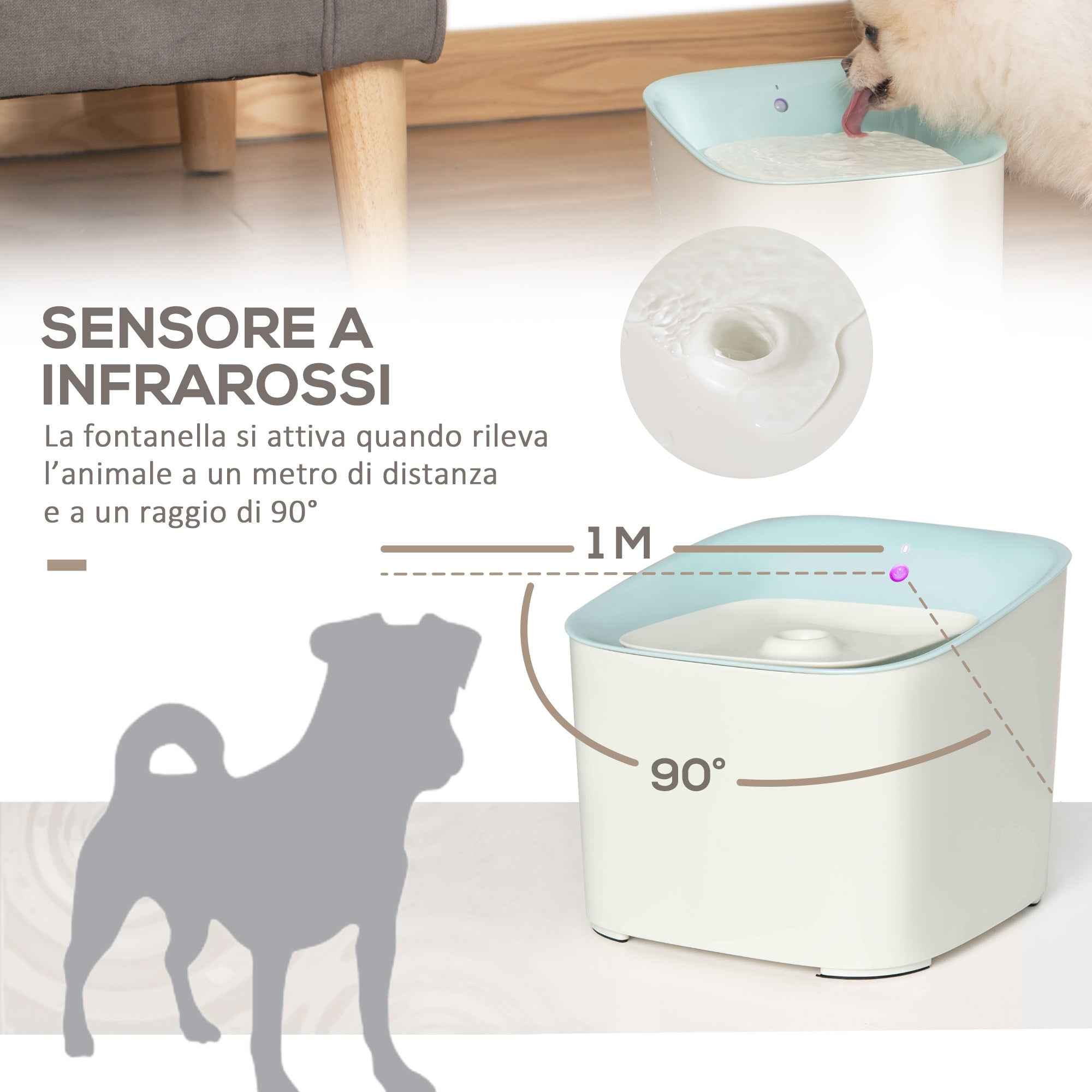 PawHut 3L Cat and Dog Water Fountain with Carbon Filter, LED Light and Motion Sensor, White