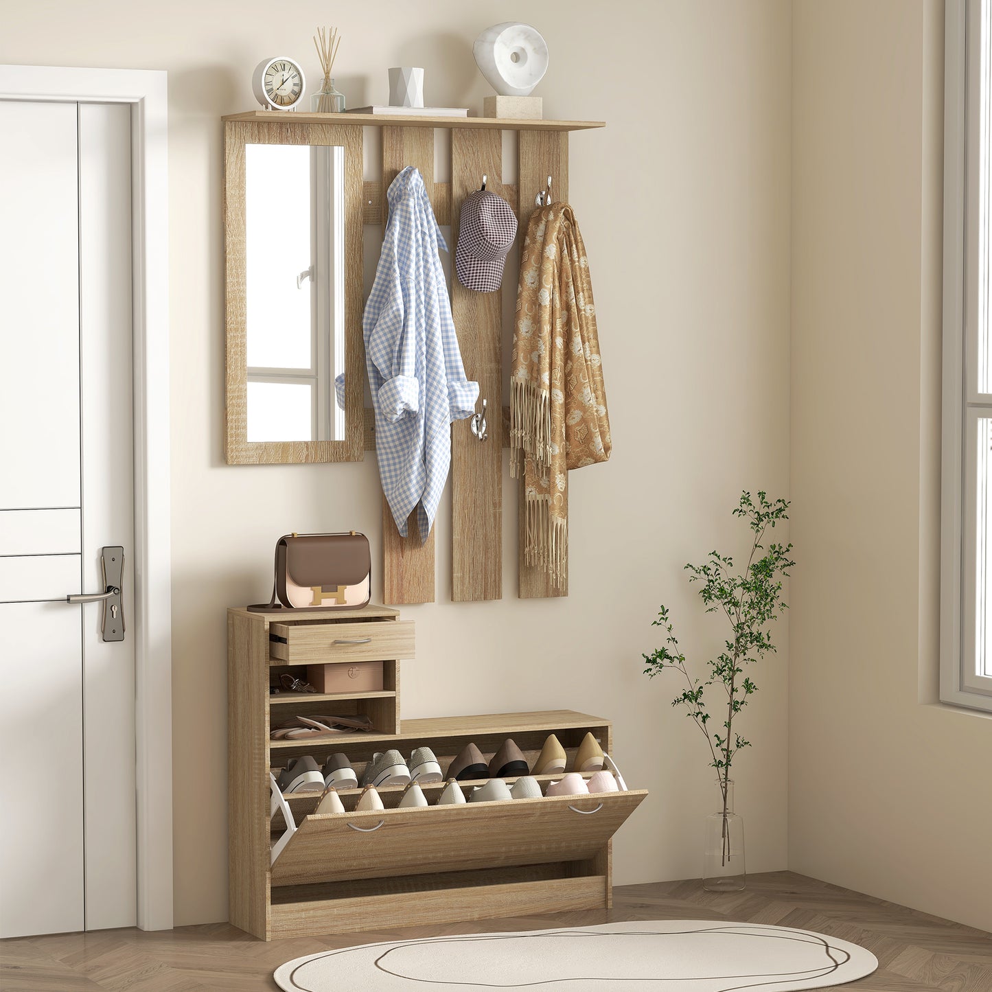 TWENTY | Coat Stand 3 in 1 with Shoe Rack and Mirror, Hooks and Drawers, in Wood, 90x24x177 cm, Oak color