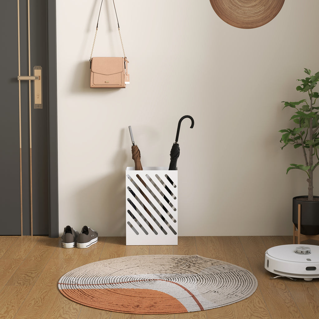 Design Umbrella Stand with Drip Tray and 4 Metal Hooks, 28x14x41 cm, White