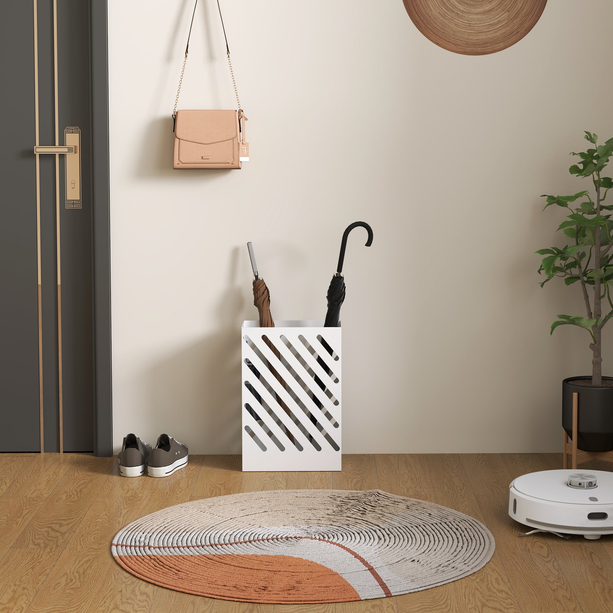 Design Umbrella Stand with Drip Tray and 4 Metal Hooks, 28x14x41 cm, White