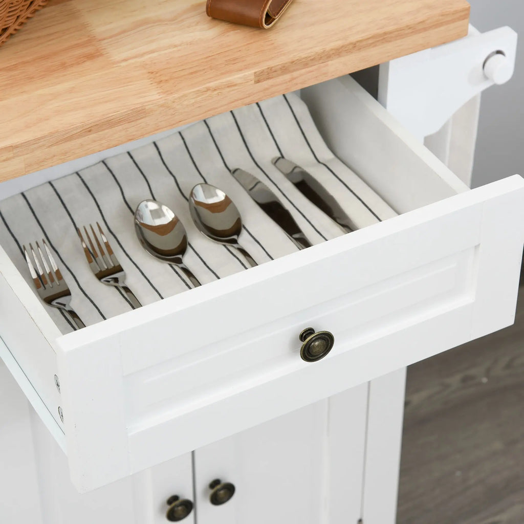 Kitchen Trolley with 2 Drawers and 2 Cabinets, Kitchen Island with Wooden Top, Spice Rack and Tea Towel Holder, White