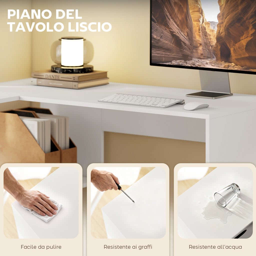 HOMCOM Modern Corner Desk with Shelf and Fabric Drawer, 110x100x75 cm, White