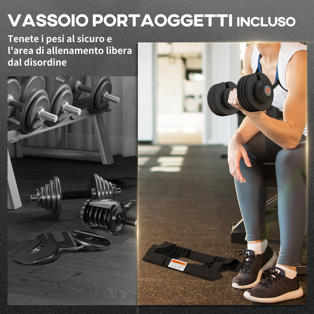 SPORTNOW Adjustable Weight Kit with Dumbbell Holder and Non-Slip Grip, in Steel and ABS, 33x16x16 cm, Black - Borgè