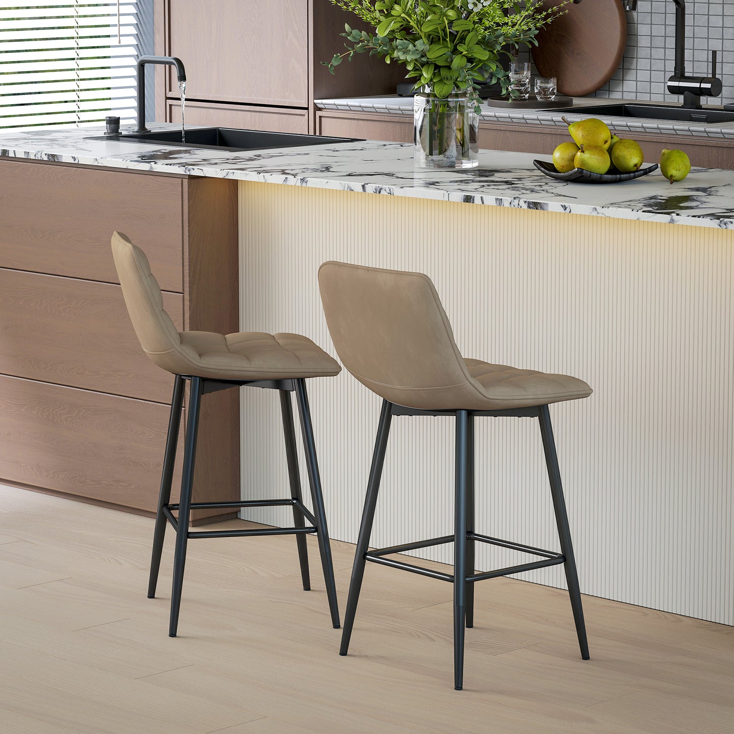 Set of 2 Nordic Style Kitchen Stools in Velvet and Metal Effect Fabric, 45x47x84 cm, Brown