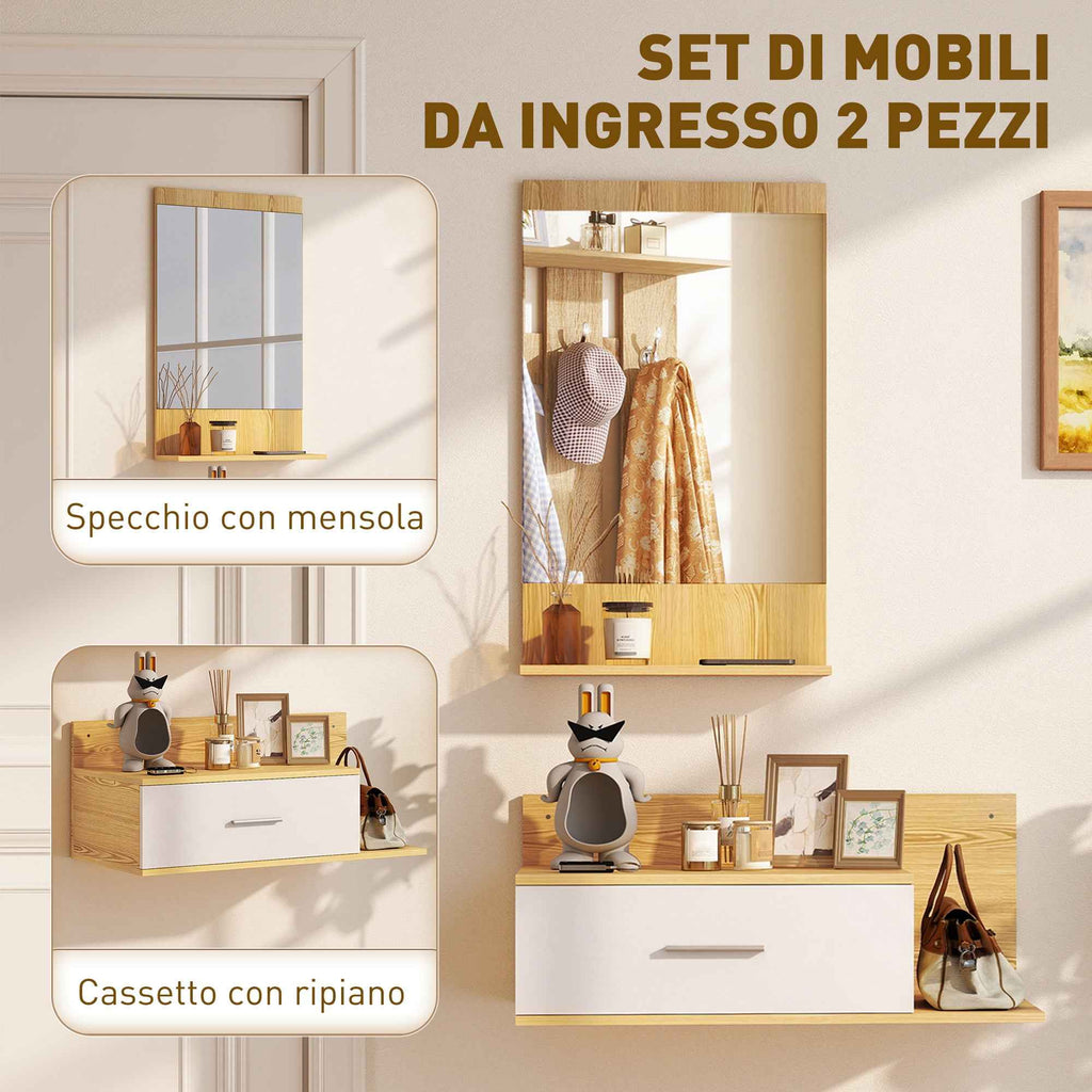 Hallway Set with Mirror, Shelf, Wall Cabinet with Drawer and 2 Open Shelves, Wood and Glass
