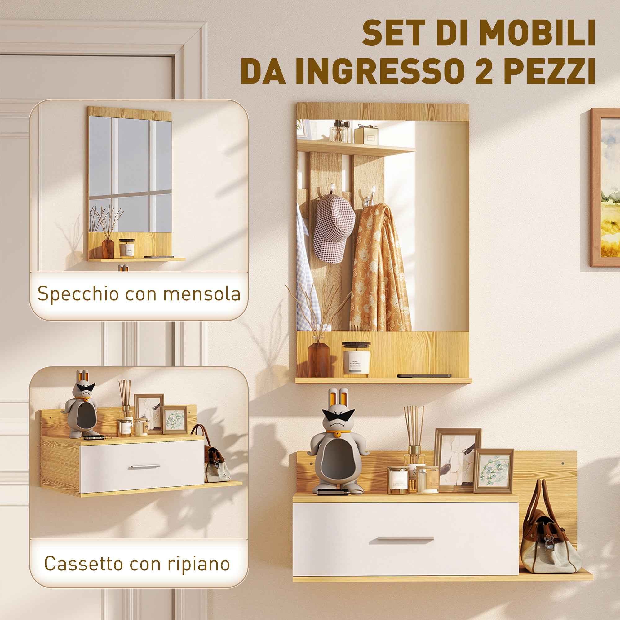 Hallway Set with Mirror, Shelf, Wall Cabinet with Drawer and 2 Open Shelves, Wood and Glass