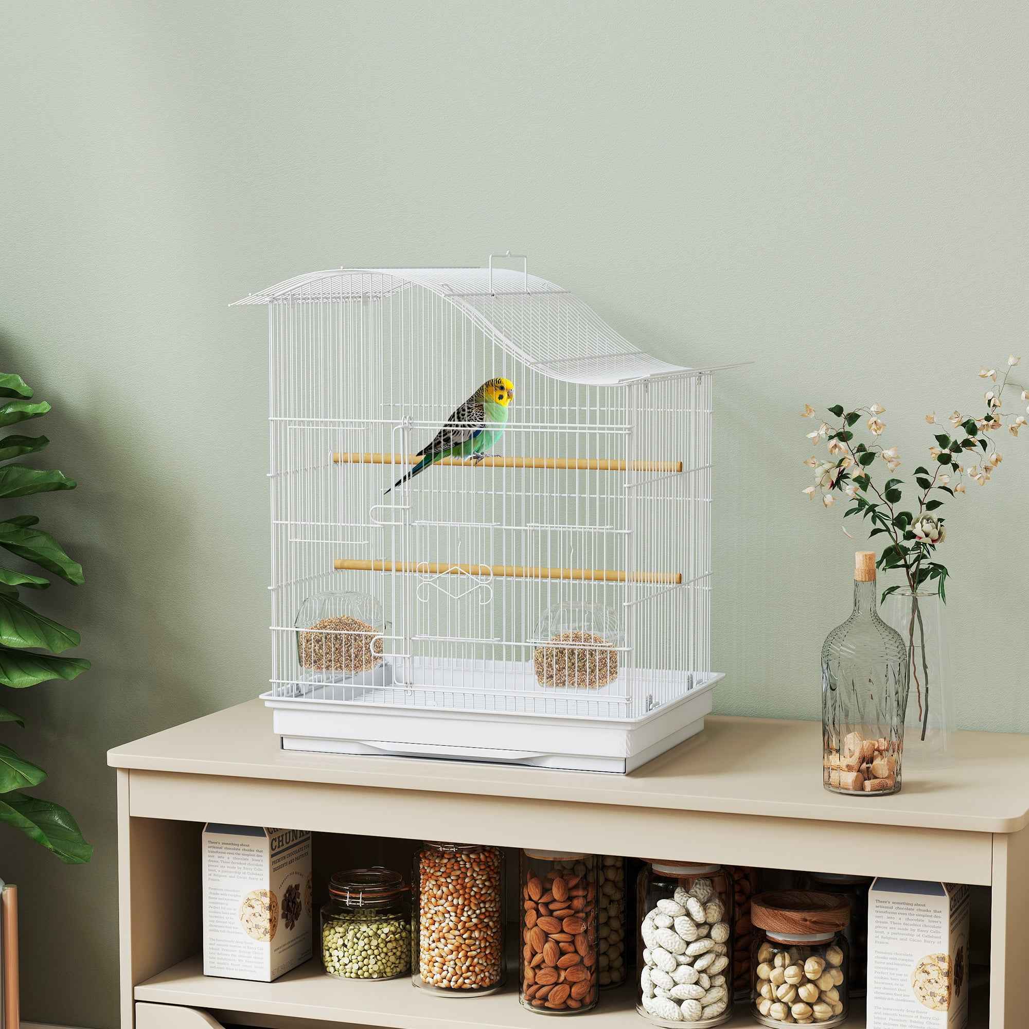 PawHut 4-Door Bird Cage with 2 Bowls, 2 Perches and Tray, Metal and Plastic, 47.5x36x54.5 cm, White