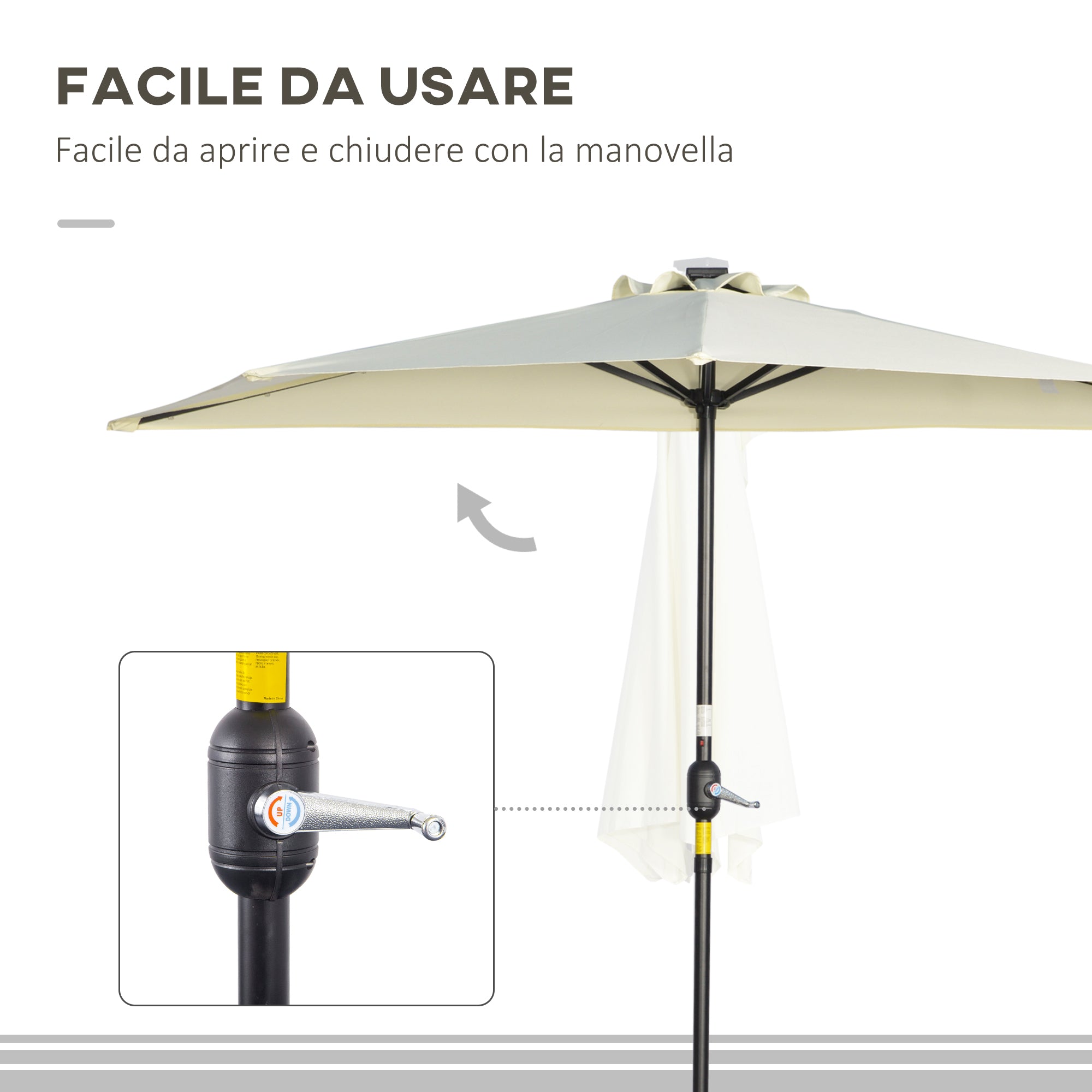 Semicircular Umbrella with Crank, 20 LED Lights and Solar Panel, 265x135x240 cm, Beige