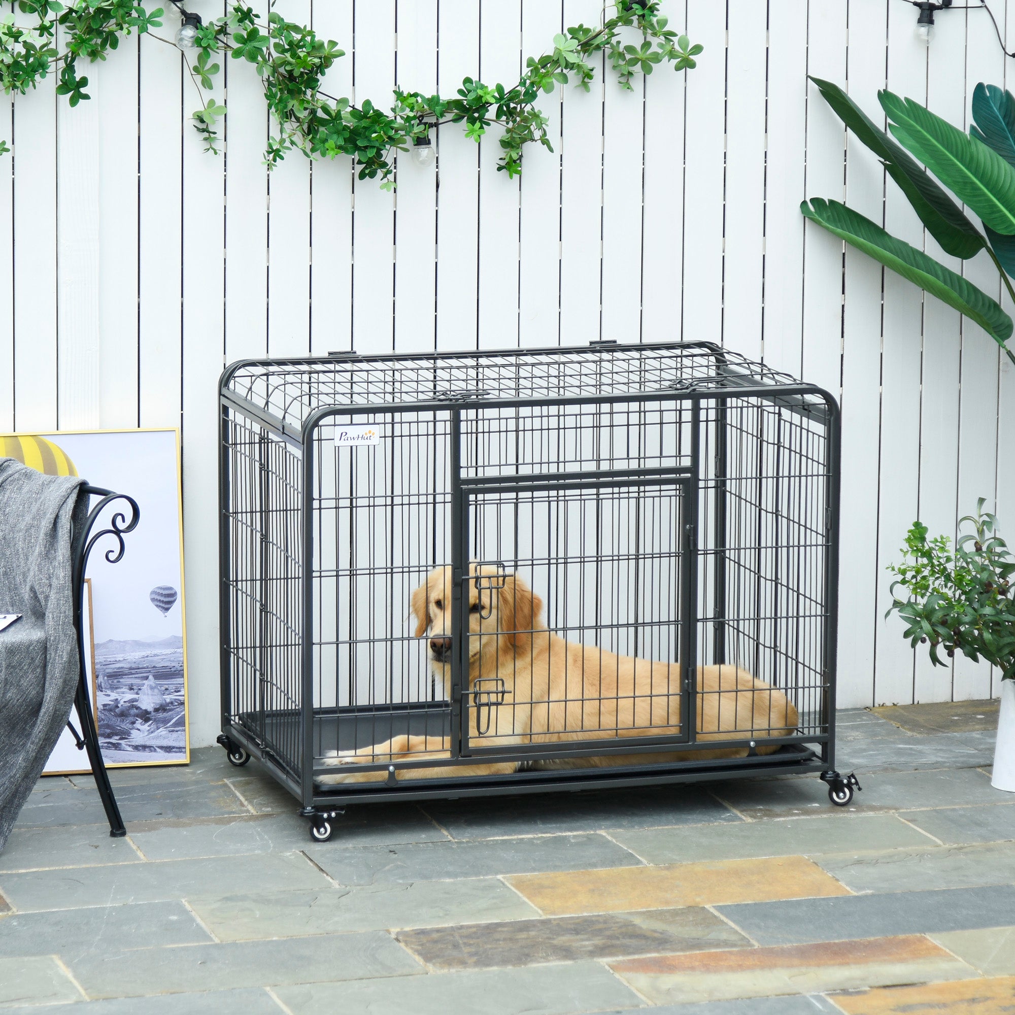 Kennel Folding Double Door Dog Cage with Lock, 4 Wheels with Brake and Removable Bottom, 109.5x71x78cm