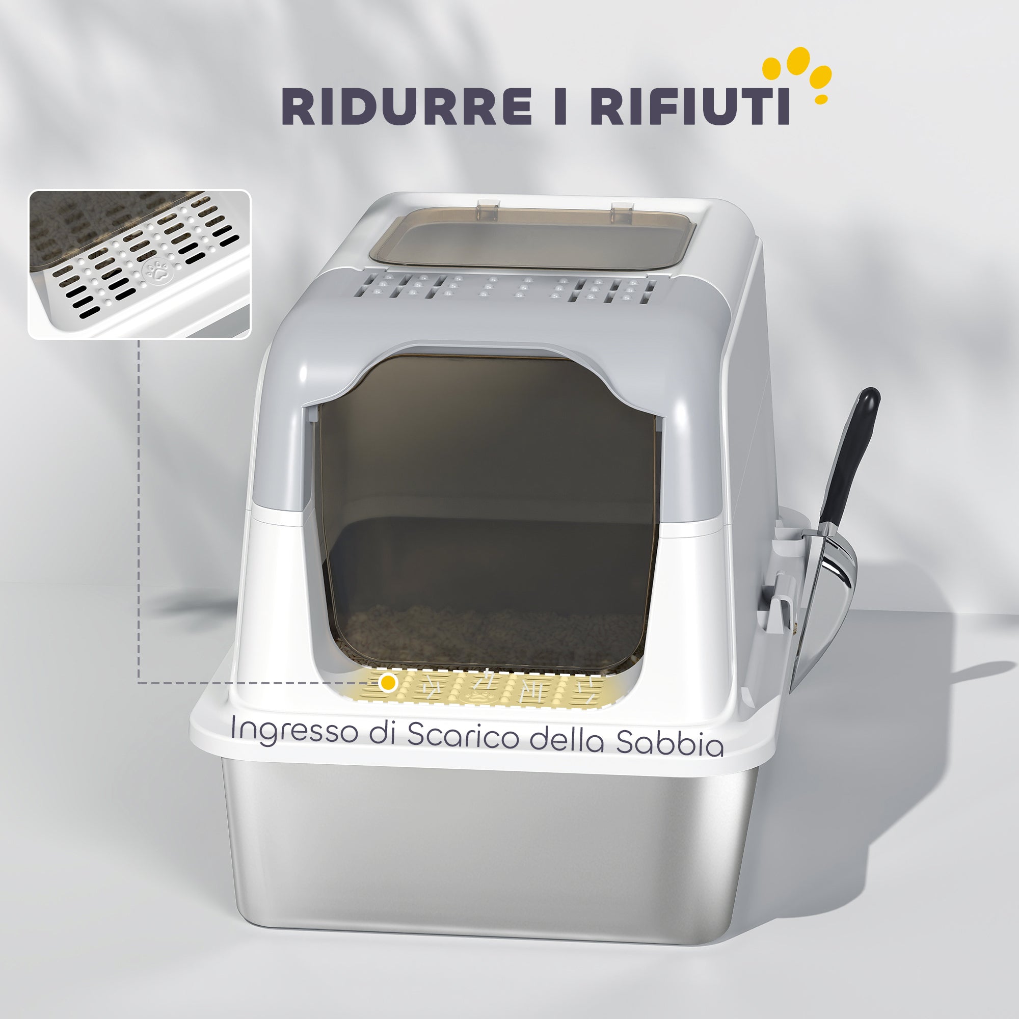 2-Bay Enclosed Cat Litter Box with Deodorizer and Scoop, 60.4 x 40.4 x 41.8 cm, White and Grey