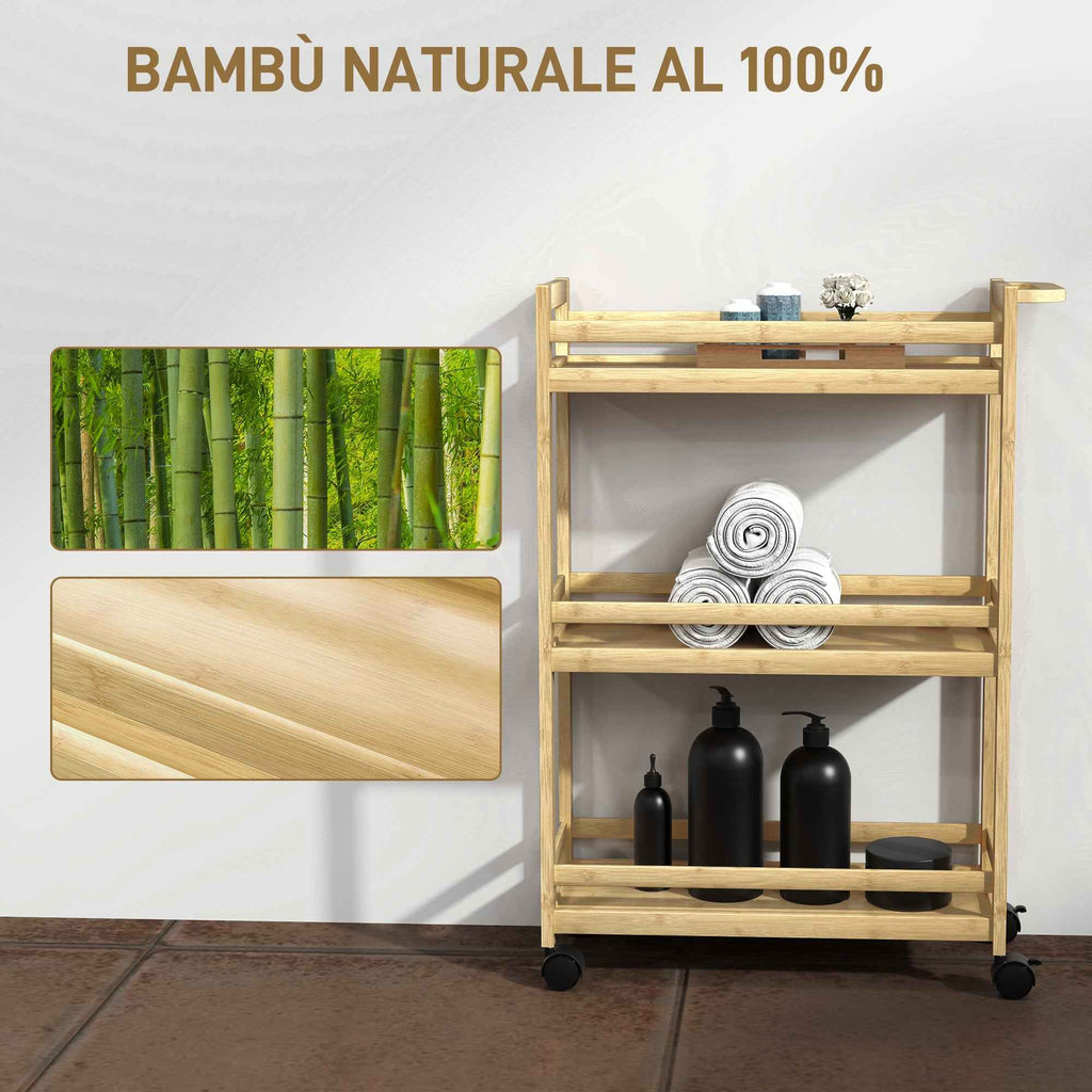 HOMCOM 3-Tier Bamboo Bathroom Storage Cart, 55x20x75 cm, Wood Color
