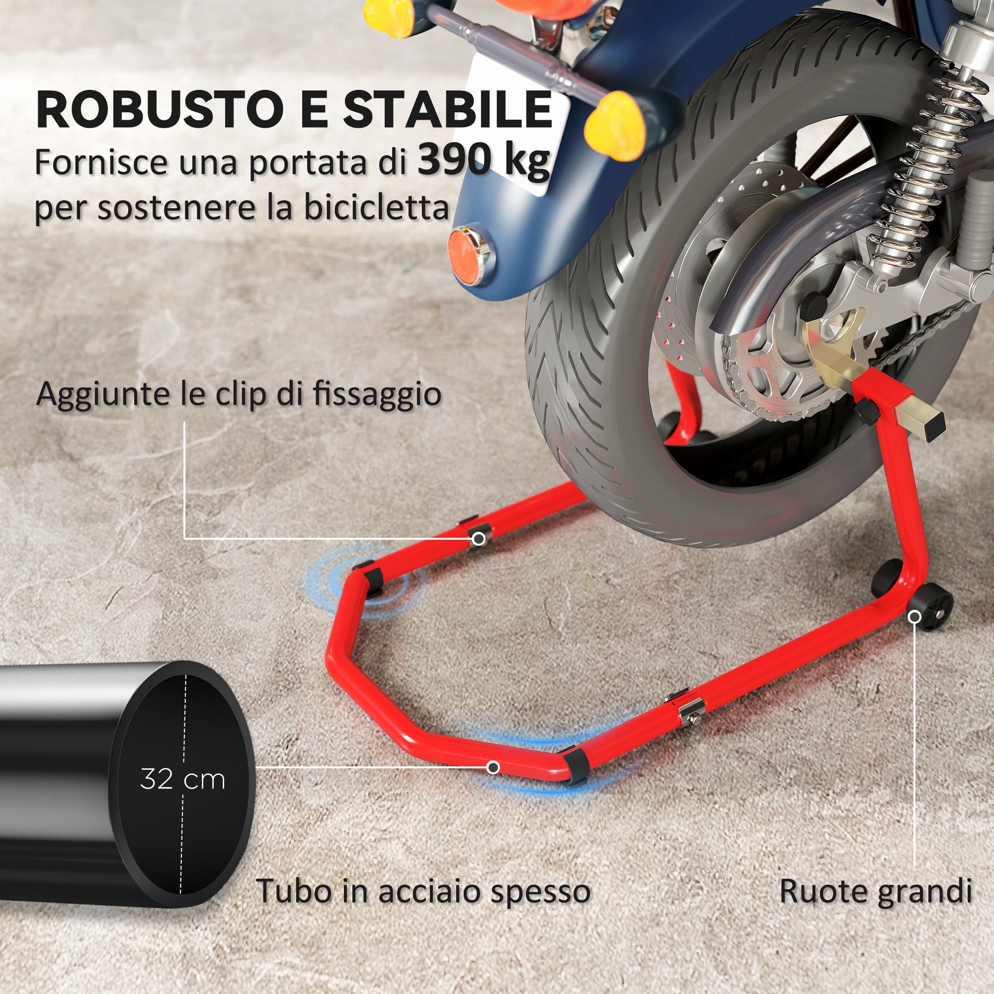 Motorcycle Front and Rear Stand with 390 kg Capacity, U and L Forks, Non-Slip Wheels and Pads, Red
