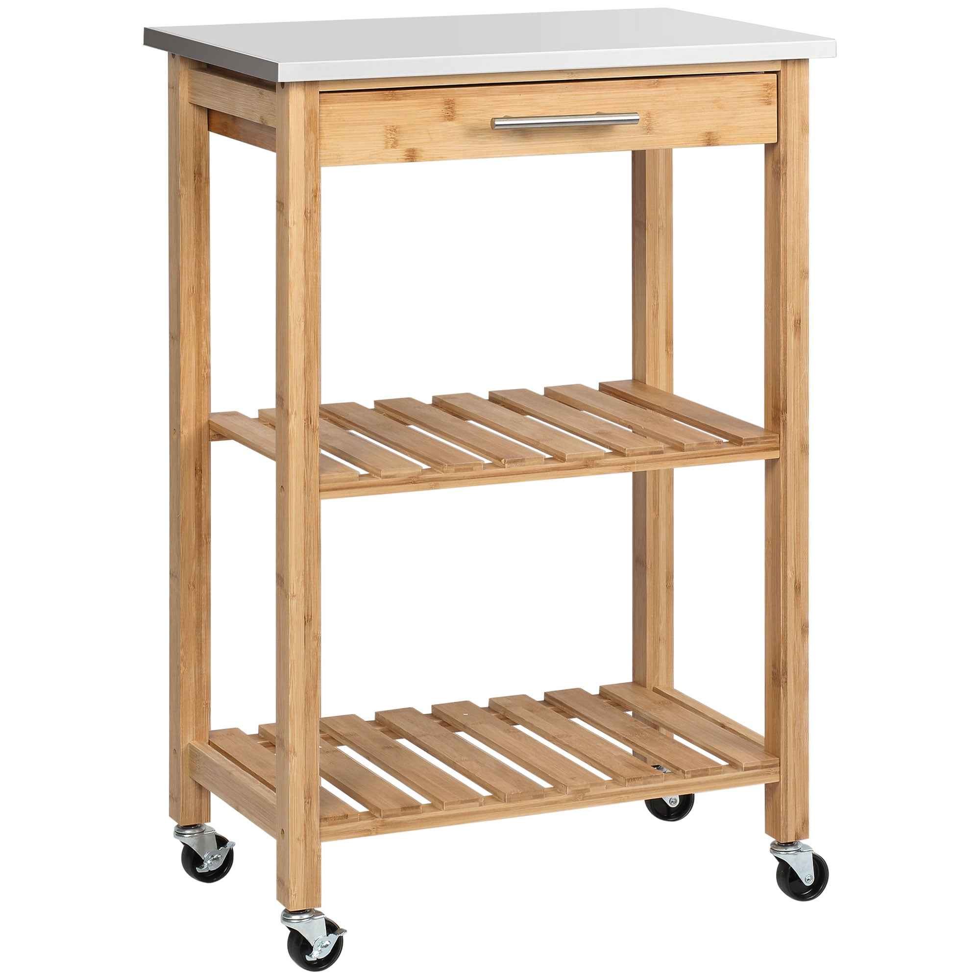 HOMCOM Bamboo Kitchen Cart with Stainless Steel Top, Drawer and Slatted Shelves, Wood