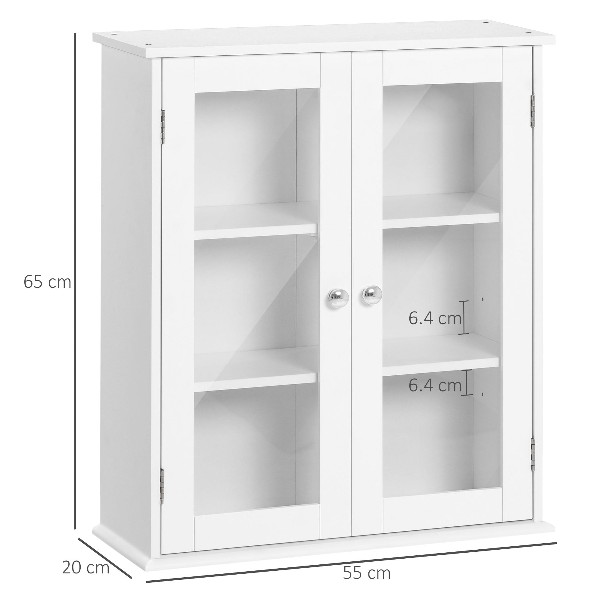 kleankin 2-Door Bathroom Wall Cabinet in Wood and Glass with Adjustable Shelf, 55x20x65 cm, White