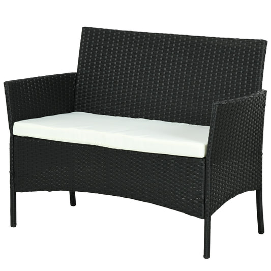 Comfortable 2-Seater Garden Sofa: PE Rattan, Steel, Cushioned, Armrests - Black