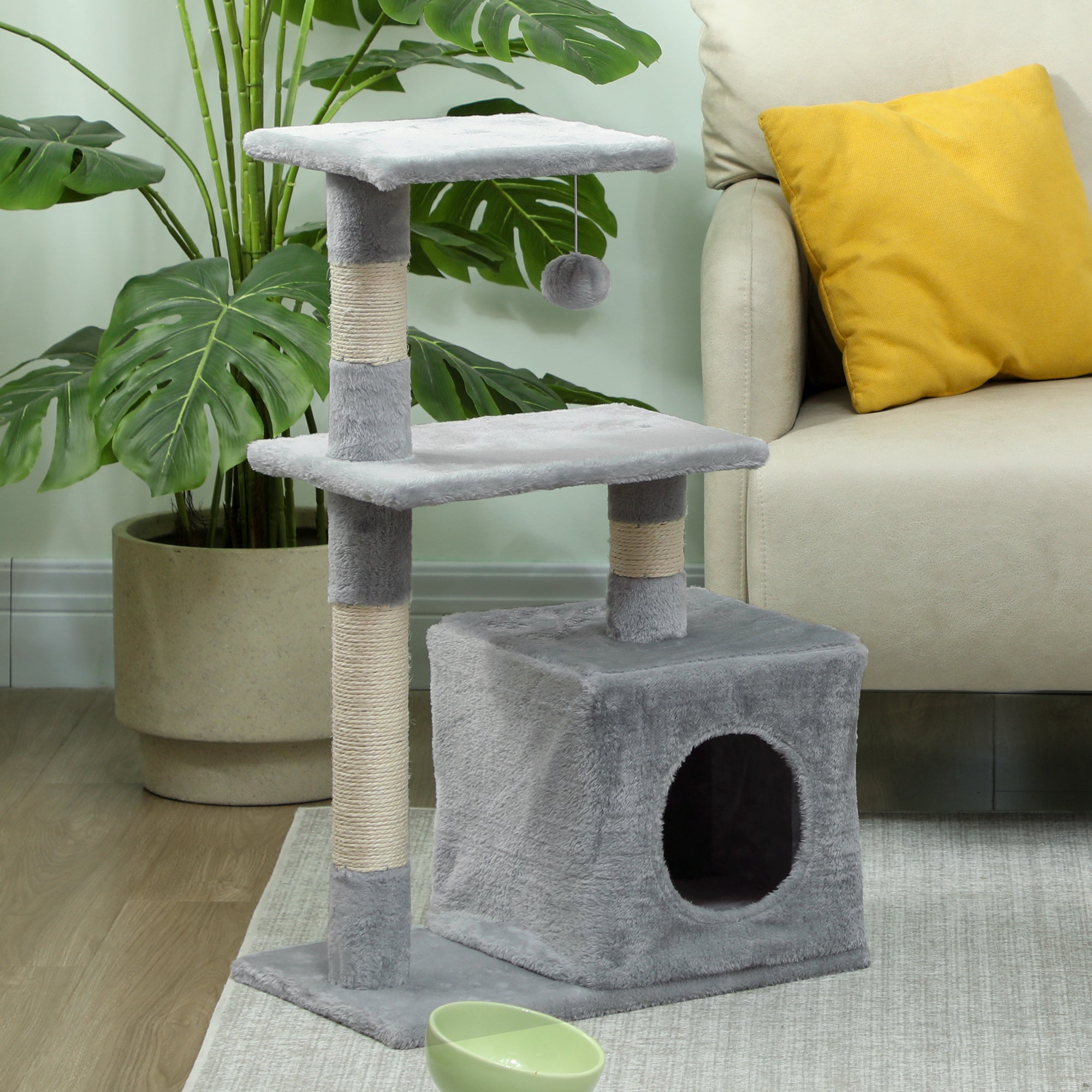 Cat Scratching Post with House, 2 Platforms and Ball, Made of Wood, Sisal and Plush, 50x30x81.5 cm, Grey