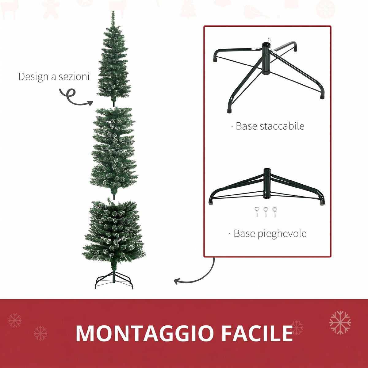HOMCOM Slim Snowy Christmas Tree with 624 Branches, Removable and Foldable Base, Ø56x225cm, Green