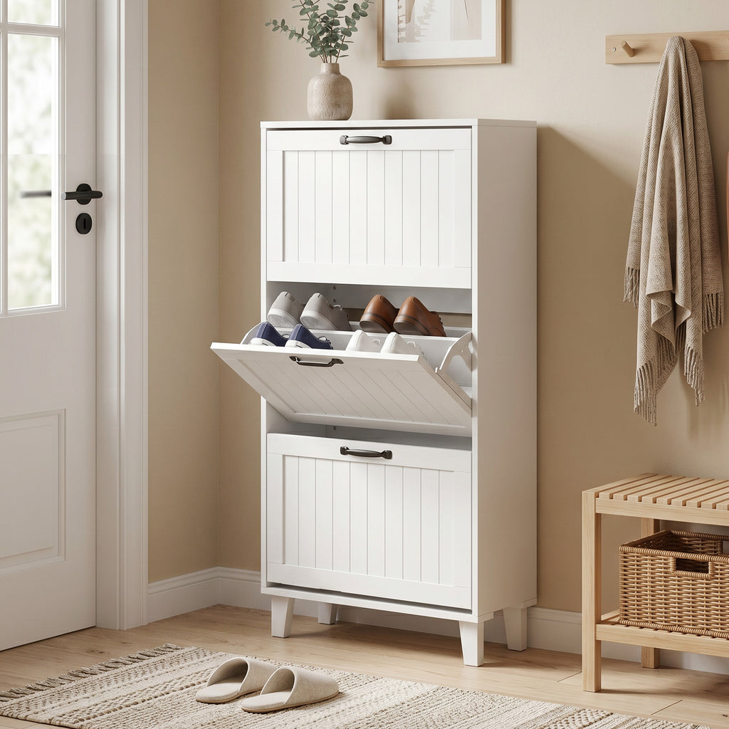 HOMCOM Space-Saving Shoe Rack with 3 Folding Drawers and Adjustable Shelves, 60x24x118 cm, White