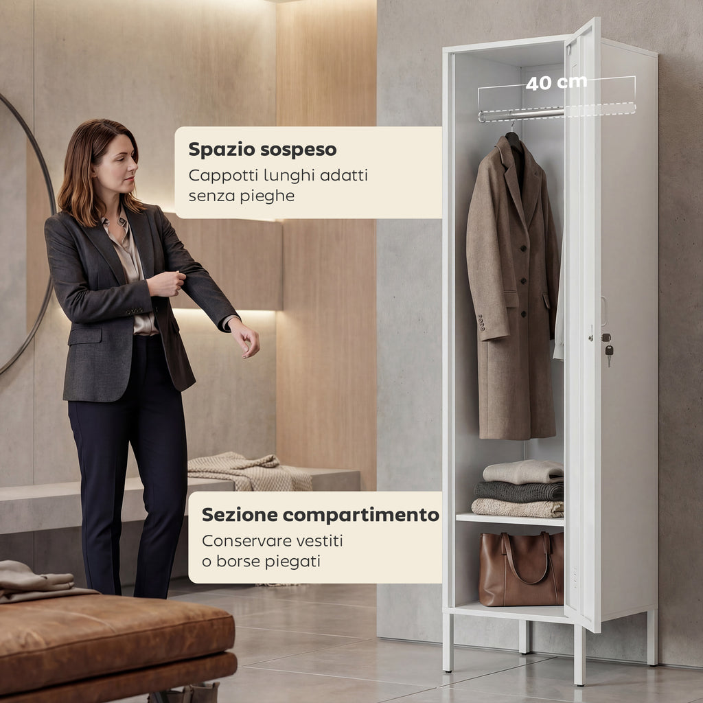 Metal Wardrobe with Lockable Door, Name Tag and Hanging Rail, 40x40x179 cm, White