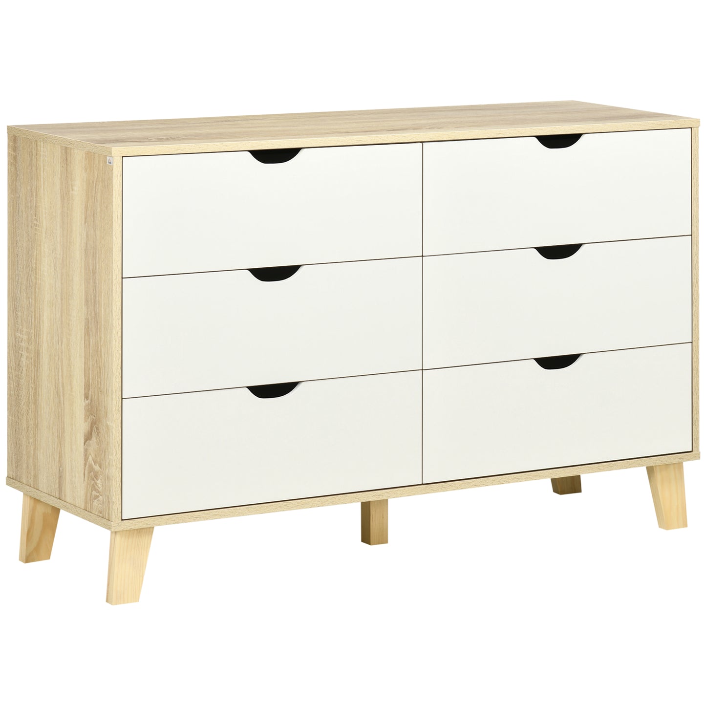 6 Drawer Chest with Carved Wooden Handles, 120x40x76 cm, White and Oak