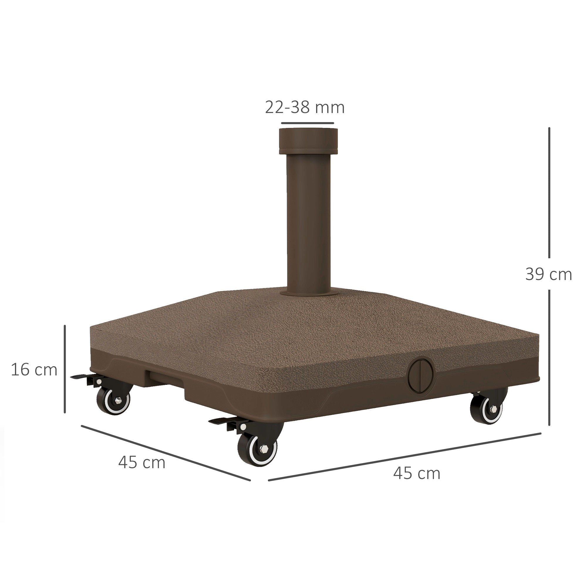 Umbrella Base with Wheels Fillable up to 20 kg for Ø22-38 mm Poles, 45x45x39 cm, Brown
