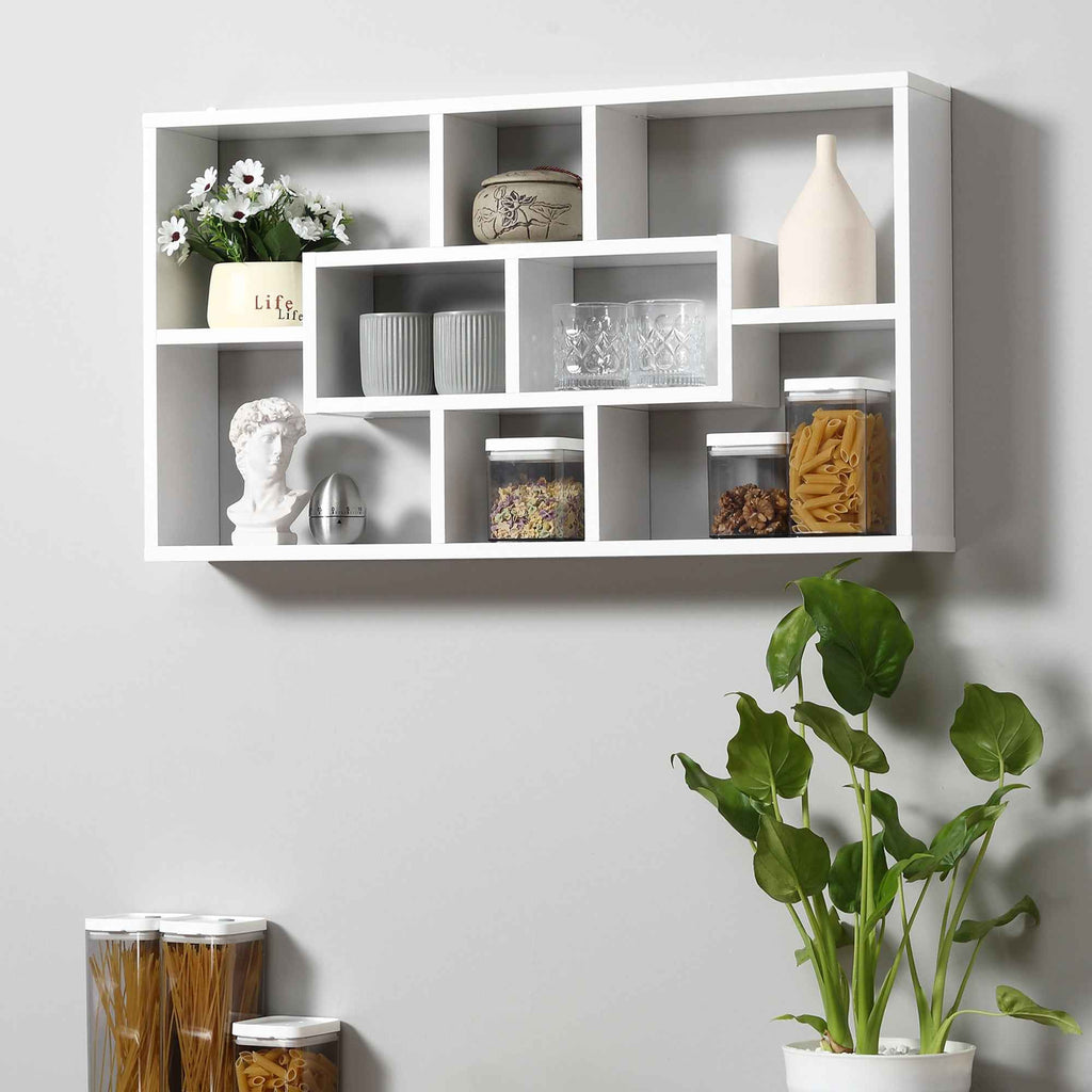 HOMCOM Wall Mounted Bookcase with 8 Compartments in 3 Different Sizes, Wall Shelf with Anti-Tip Design, White Chipboard Panels, 85x14.5x47.5cm, Capacity: 20kg