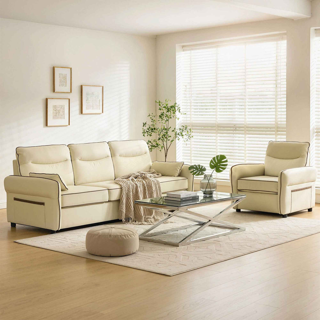 HOMCOM 3-Seater Faux Leather Sofa with Thick Padding, Side Pocket and 2 Cushions, 190x83x90 cm, Beige
