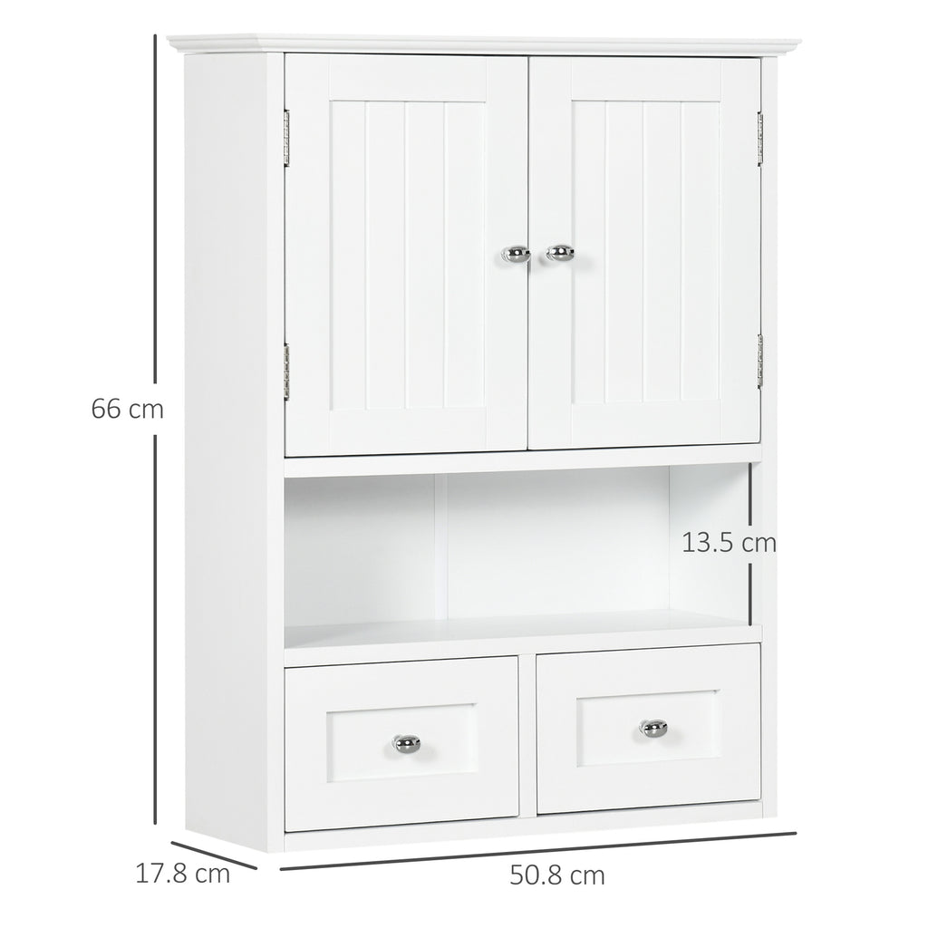2 Door Bathroom Wall Cabinet with Open Shelf and 2 Wooden Drawers, White