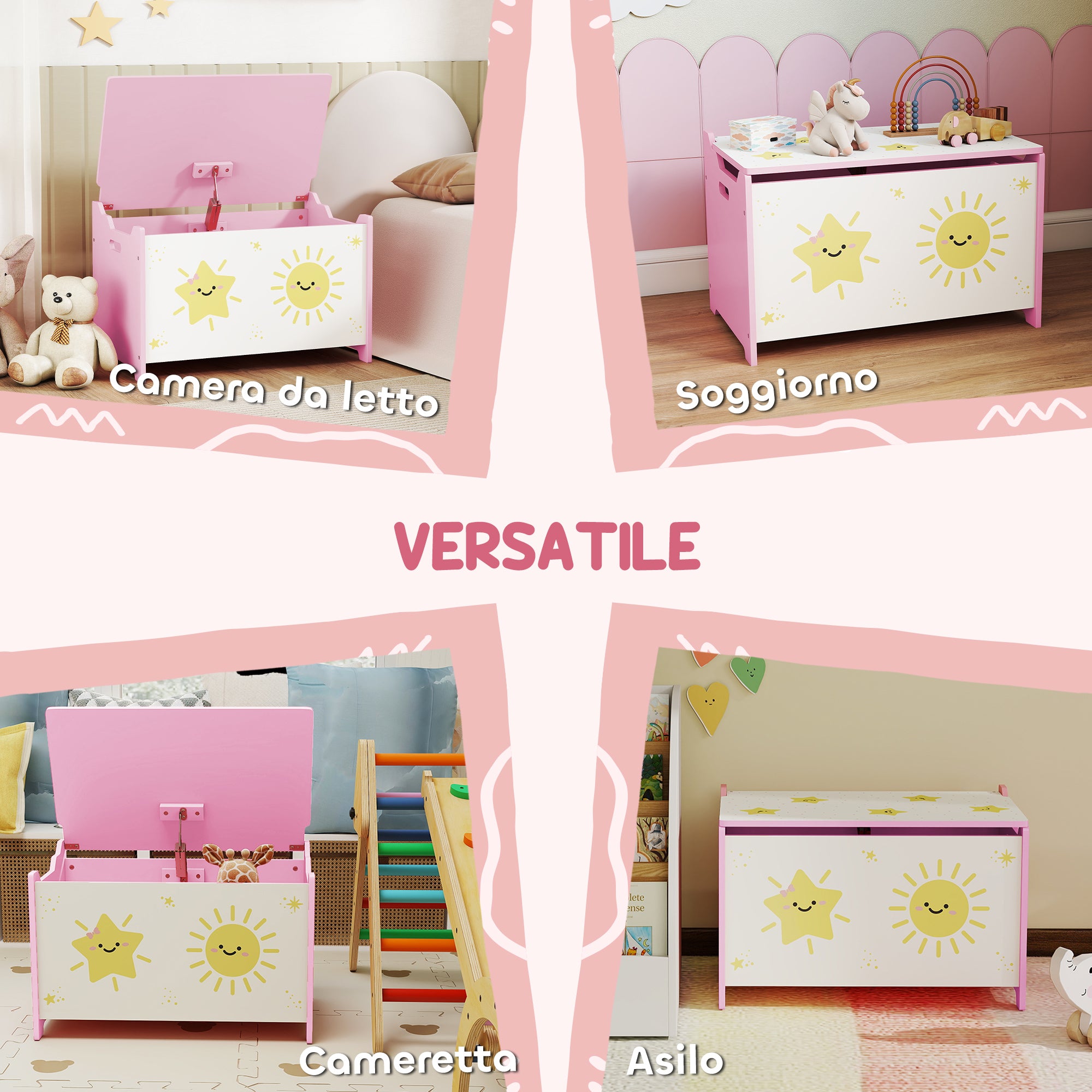 Children's Toy Storage Chest with Lid for Toys and Clothes, 60x37x39 cm, Pink