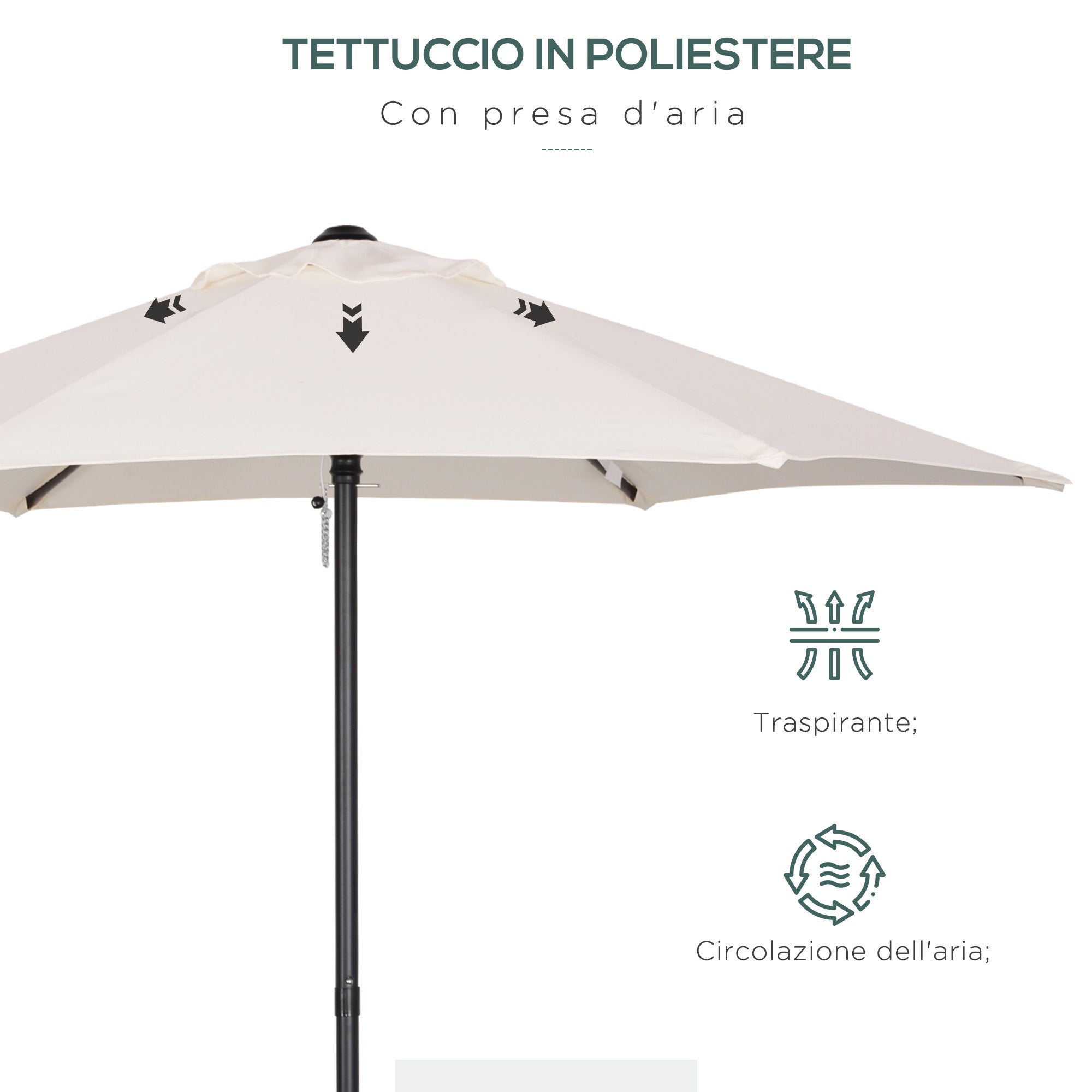 2x2m Round Garden Umbrella with Central Pole in Aluminum and Polyester, Cream
