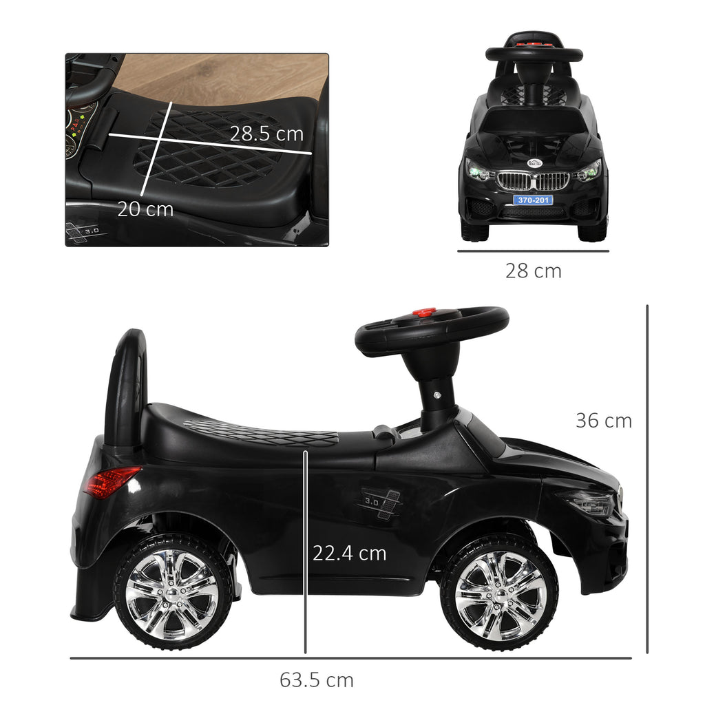 Children's Ride-On Toy Car with Steering Wheel, Built-in Lights and Music, PP and Metal, 63.5x28x36 cm, Black