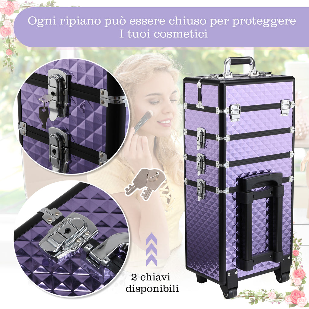 Professional Makeup Case, Aluminum Travel Makeup Trolley, 2 Wheels, Purple 33.5x23x76/95.5cm