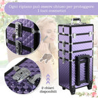 Professional Makeup Case, Aluminum Travel Makeup Trolley, 2 Wheels, Purple 33.5x23x76/95.5cm
