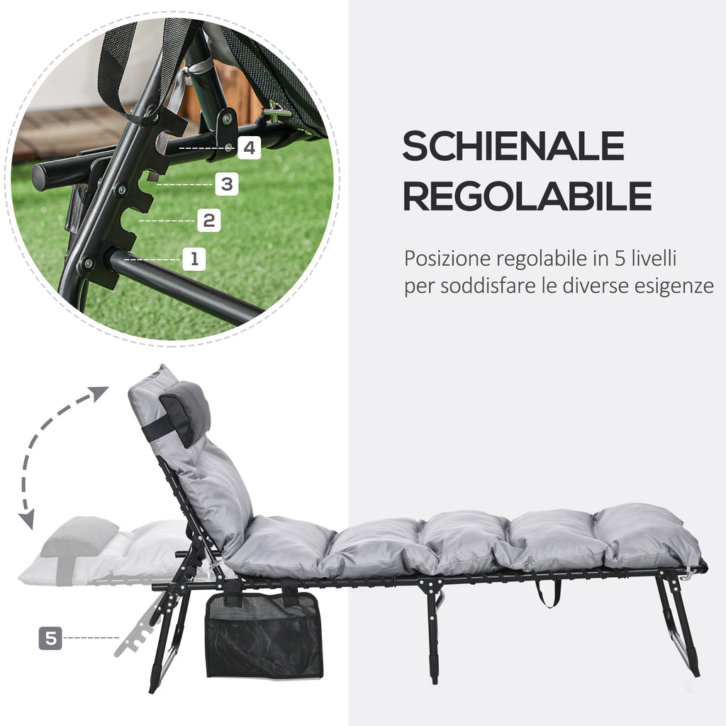 Folding Sun Lounger with Cushion, Headrest and Side Pocket, 58x189x32.5 cm, Light Gray